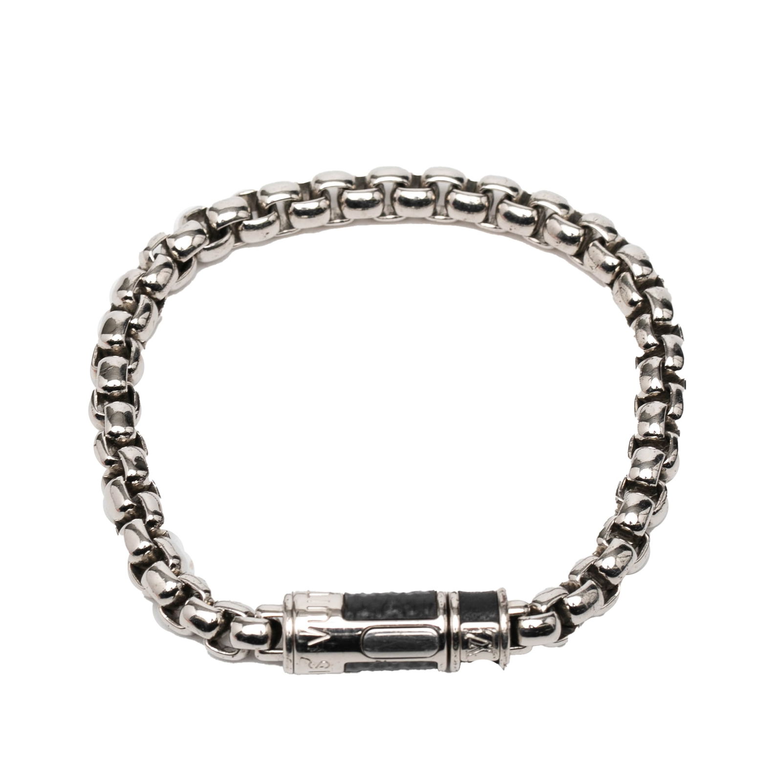 Louis Vuitton Monogram Eclipse Chain Bracelet Silver Plated Brass: Louis Vuitton Monogram Eclipse Chain Bracelet Silver Plated Brass This Louis Vuitton bracelet features a silver-plated brass construction with signature Monogram Eclipse detailing. Made in Italy, this