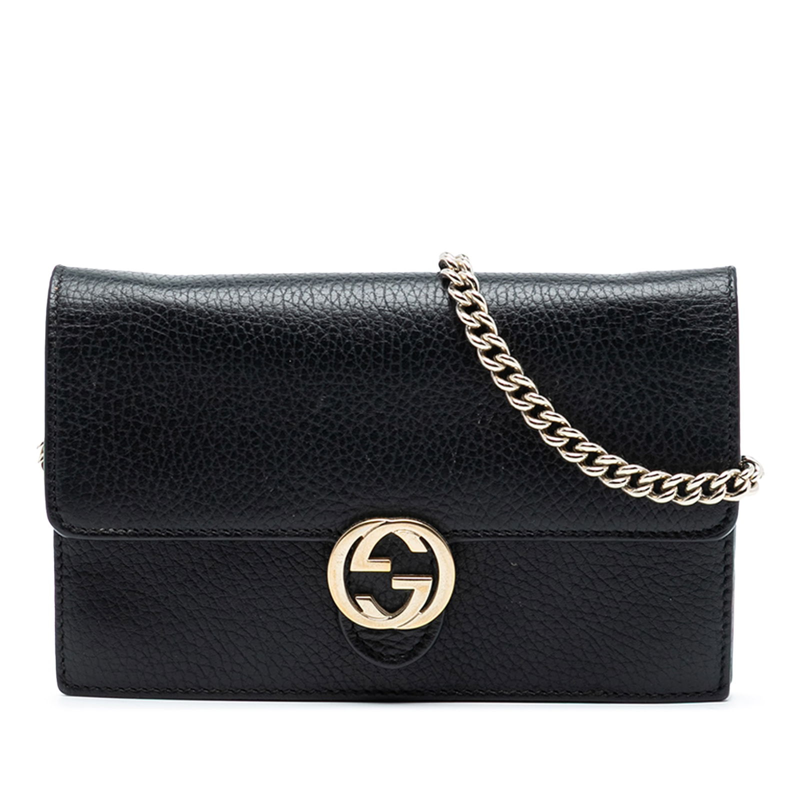 Gucci Interlocking G Black Leather Wallet on Chain with Strap: Gucci Interlocking G Black Leather Wallet on Chain with Strap This Gucci Interlocking G Dollar Wallet on Chain features a black leather body with a chain link strap and leather guard. The design inclu