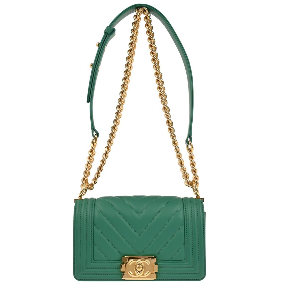 Chanel Boy Mini Green Leather Shoulder Bag with Chain Strap: Chanel Boy Mini Green Leather Shoulder Bag with Chain Strap This Boy Chanel small chain shoulder bag features a vibrant green leather exterior and a mini silhouette. Designed with a classic clasp flap