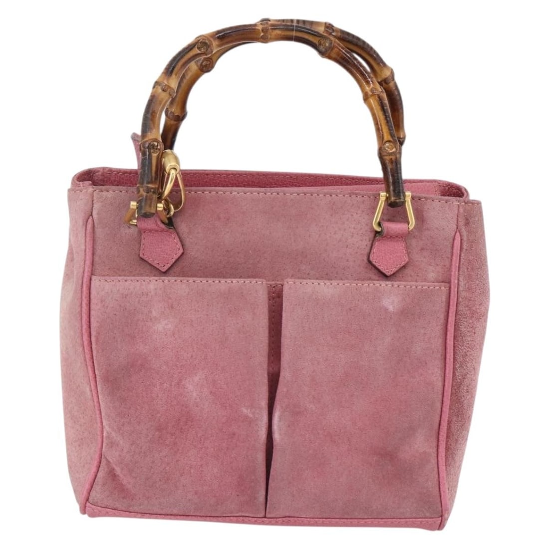 Pink Suede Gucci Vintage Bamboo Handle Handbag 20cm x 17cm x 10cm: Pink Suede Gucci Vintage Bamboo Handle Handbag 20cm x 17cm x 10cm This Gucci Vintage Bamboo Handle Bag features a pink suede exterior with the brand's signature bamboo handles. Designed for women, thi
