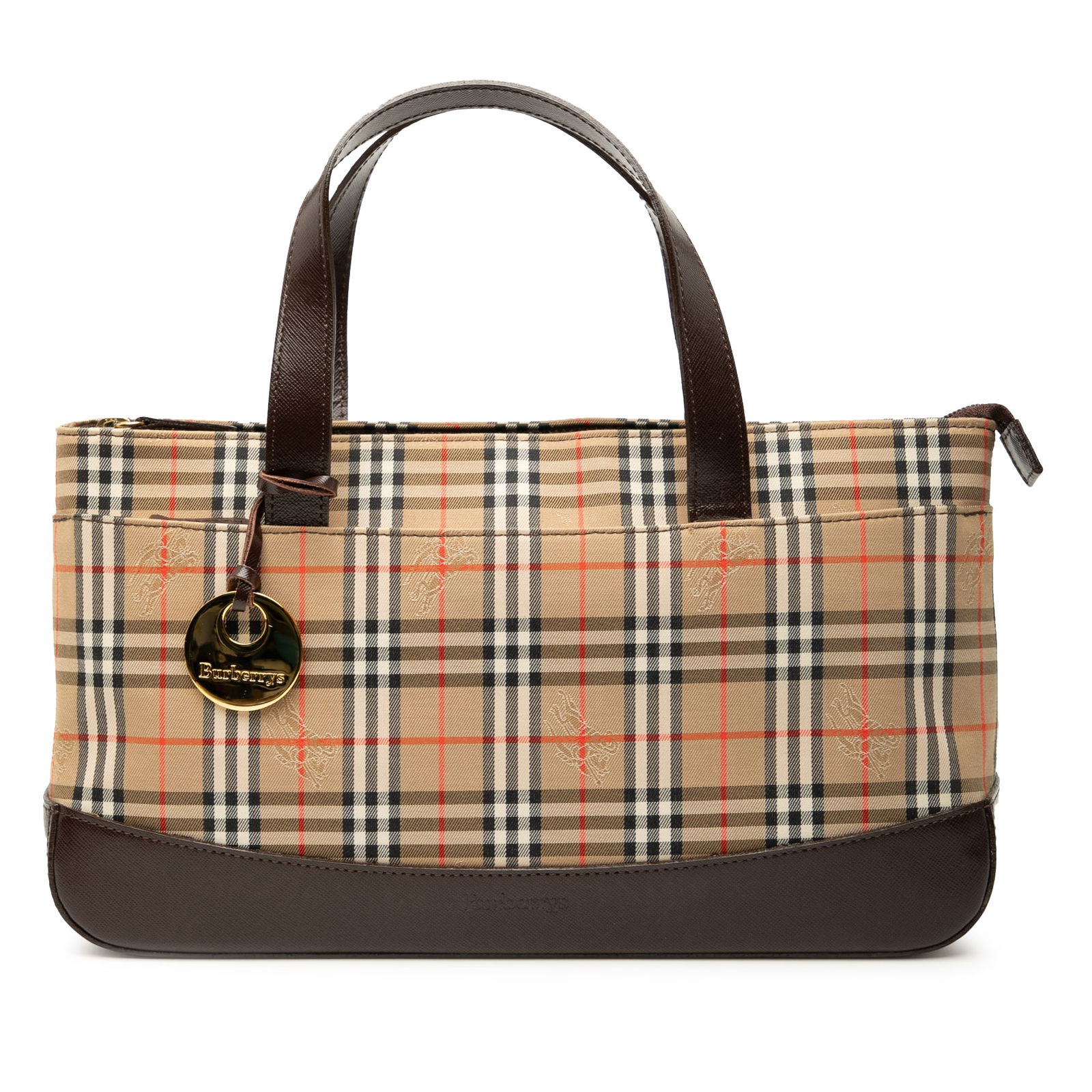 Burberry Haymarket Check Canvas Handbag with Leather Trim: Burberry Haymarket Check Canvas Handbag with Leather Trim This Burberry Haymarket Check Canvas Handbag is a stylish accessory featuring a distinctive haymarket check canvas body complemented by leathe