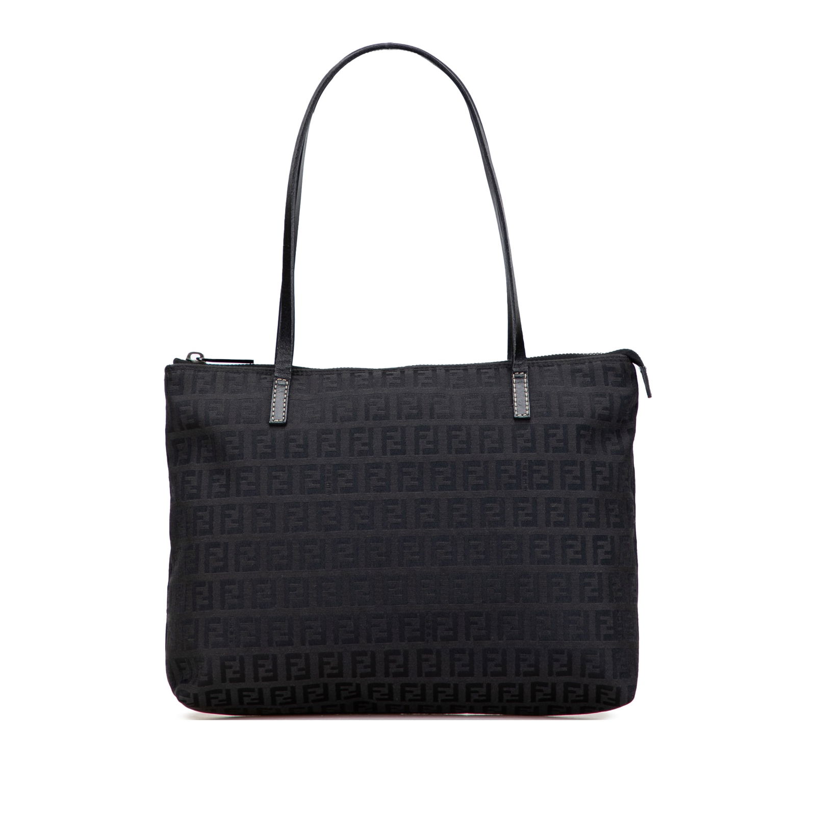 Fendi Zucchino Black Canvas Tote with Leather Straps: Fendi Zucchino Black Canvas Tote with Leather Straps This Fendi Zucchino Canvas Tote showcases a stylish black canvas body complemented by flat leather straps. It features a secure top zip closure and