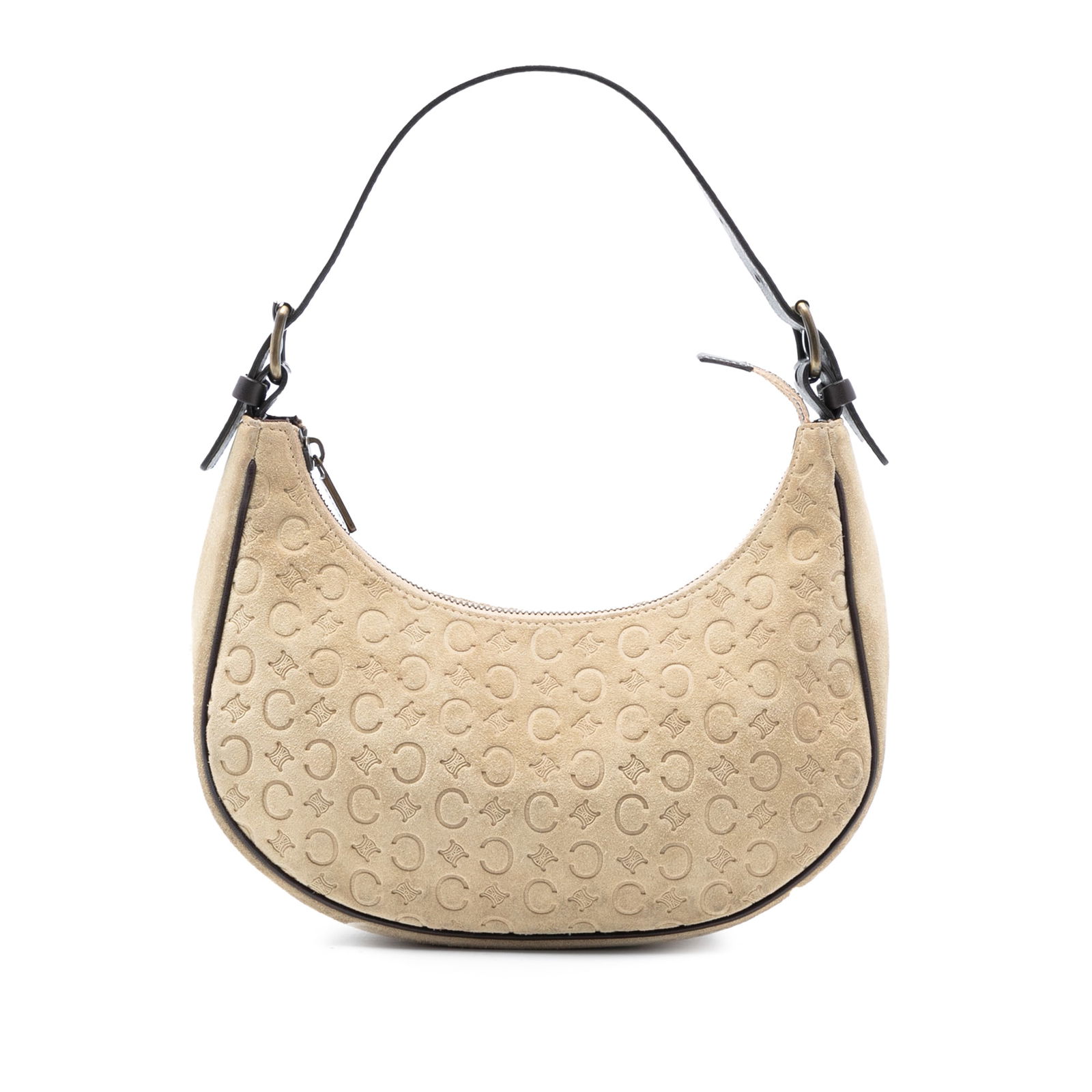 Celine Macadam Brown Suede Leather Shoulder Bag with Adjustable Strap: Celine Macadam Brown Suede Leather Shoulder Bag with Adjustable Strap This Celine C Macadam Suede Shoulder Bag showcases a brown suede leather body, complemented by leather trim and an adjustable flat