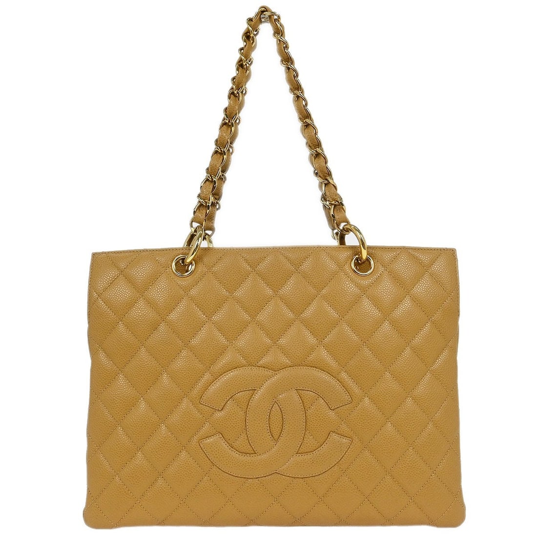 Chanel Beige Calfskin Tote Handbag with Double Handles: Chanel Beige Calfskin Tote Handbag with Double Handles This Chanel Beige Calfskin Tote Chain Handbag is a stylish accessory perfect for casual occasions. Crafted from high-quality leather, it features