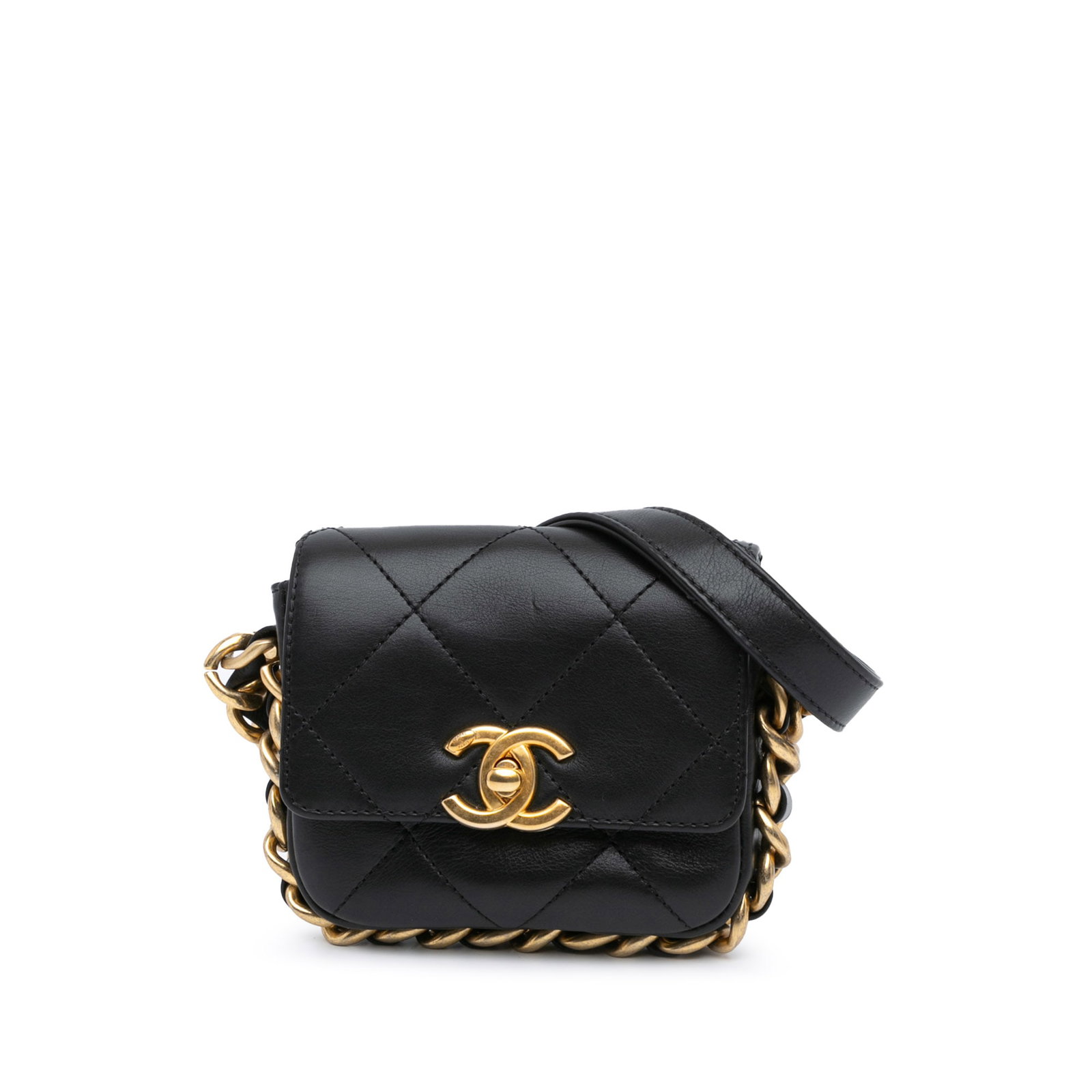 Chanel Mini Quilted Leather Crossbody Bag with Chain Strap: Chanel Mini Quilted Leather Crossbody Bag with Chain Strap This Chanel Mini Quilted Calfskin Framing Chain Flap is a stylish crossbody bag crafted from luxurious quilted leather. It features a leather