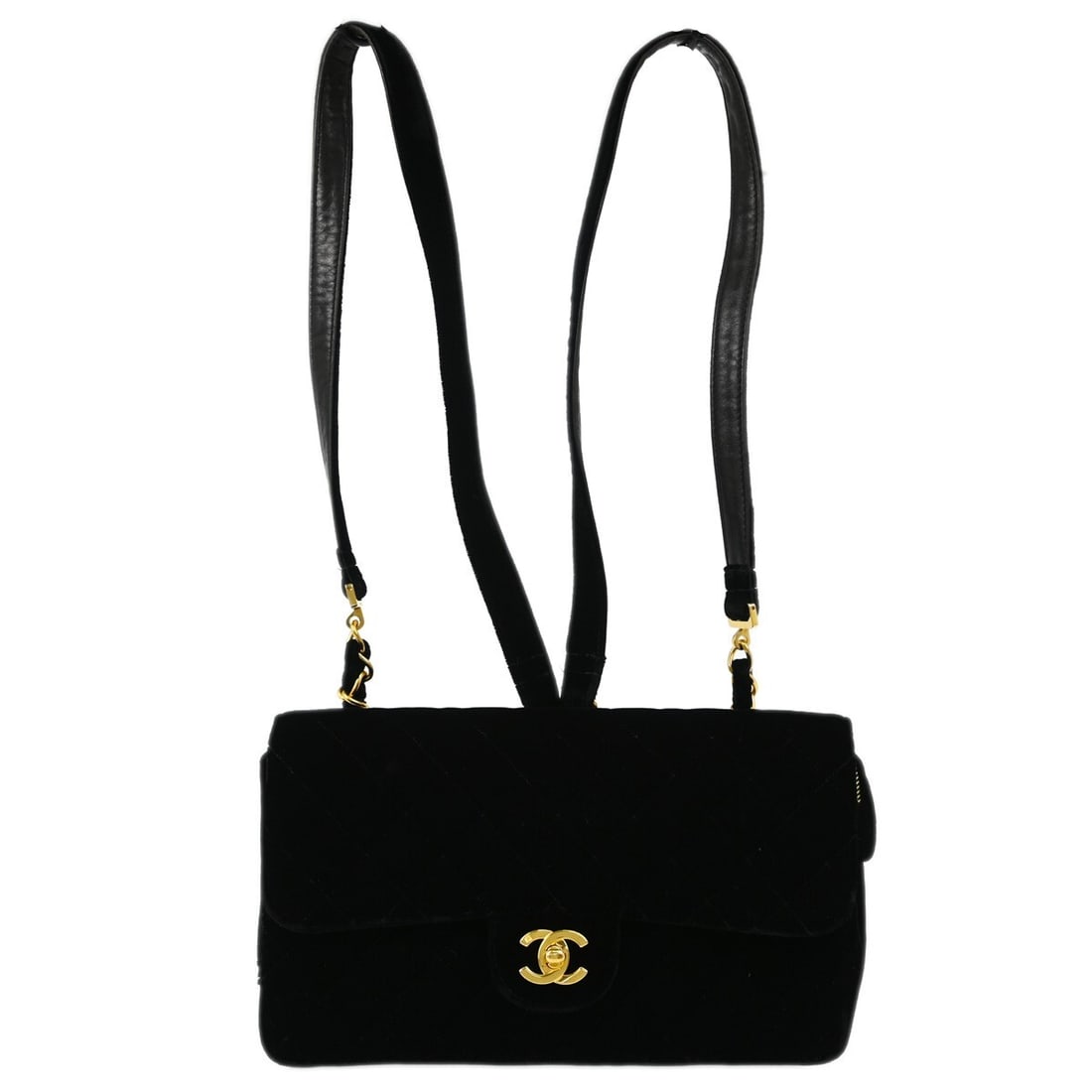 Chanel Quilted Black Velvet Backpack Lambskin Leather: Chanel Quilted Black Velvet Backpack Lambskin Leather This elegant Chanel Black Velvet Backpack combines style and functionality, perfect for any occasion. Crafted from luxurious lambskin leather velv