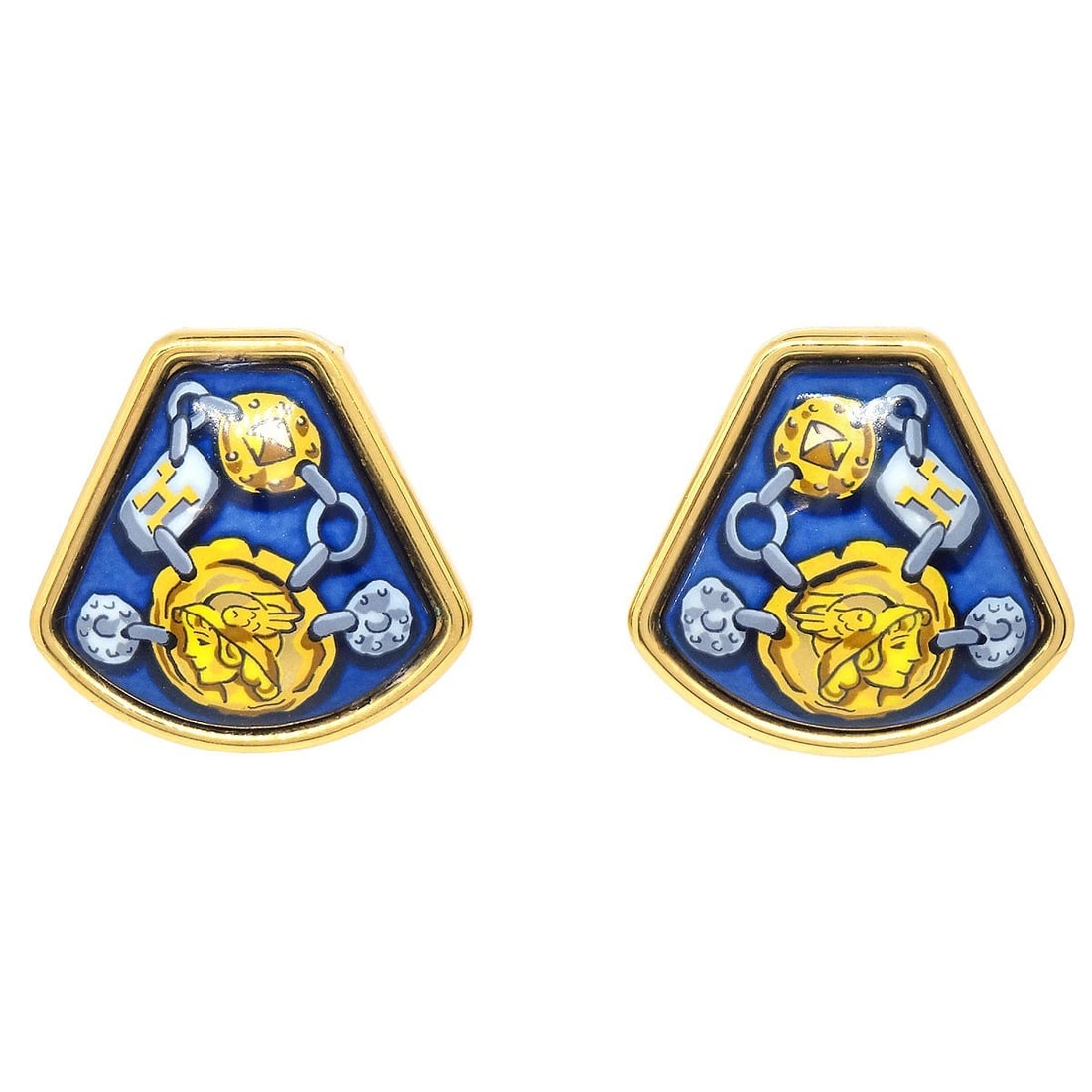 Button Style Clip-On Earrings in Gold Enamel Cloisonne by Hermes: Button Style Clip-On Earrings in Gold Enamel Cloisonne by Hermes These Hermes clip-on earrings feature a gold-tone enamel cloisonne design with blue accents and a button style. Crafted in France, they