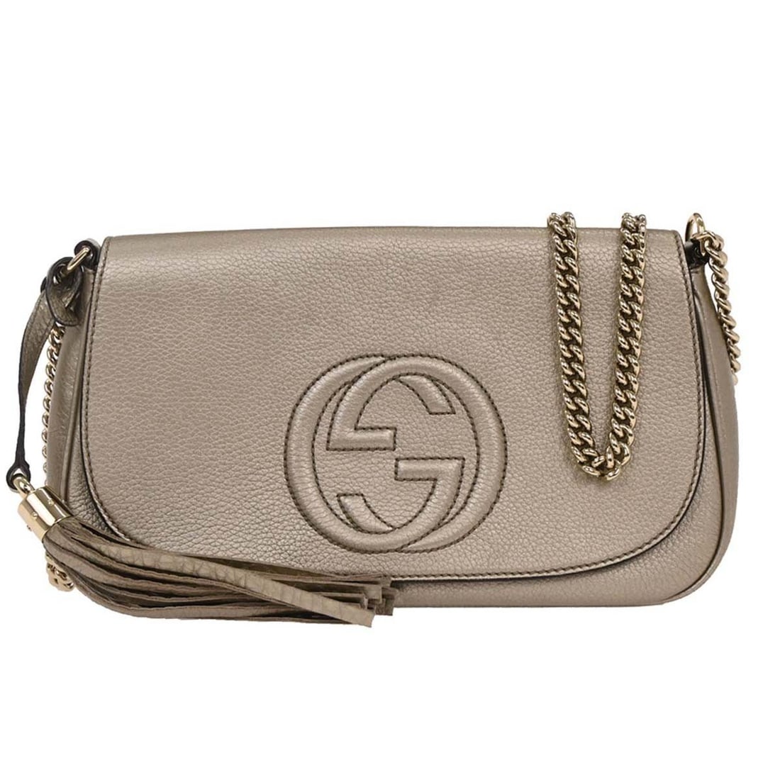 Gucci Soho Chain Leather Crossbody Bag Gold Tone 27cm by 15cm with 6cm Depth: Gucci Soho Chain Leather Crossbody Bag Gold Tone 27cm by 15cm with 6cm Depth This Gucci Soho Chain Crossbody Bag is crafted from leather in a gold color, designed for women. It features a compact rect