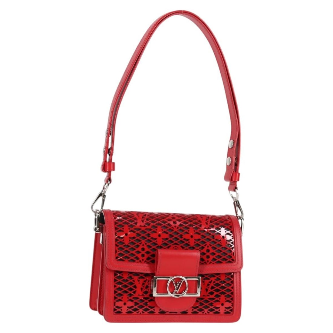 Louis Vuitton Dauphine Monogram Canvas Shoulder Bag in Red: Louis Vuitton Dauphine Monogram Canvas Shoulder Bag in Red The Louis Vuitton Dauphine Shoulder Bag features the iconic Monogram Lace design in red canvas. This elegant bag is designed for women and of