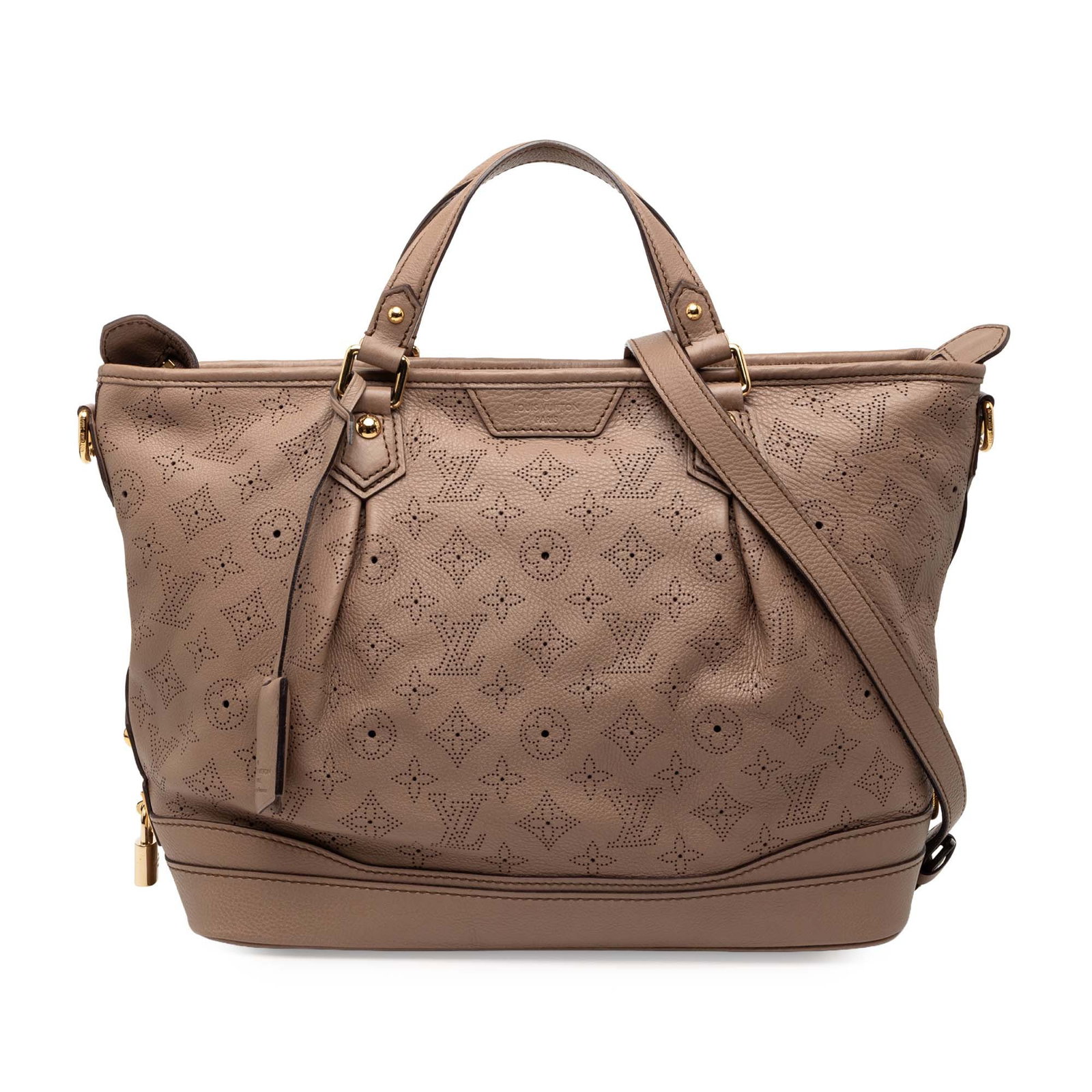 Mahina Leather Stellar PM Tote by Louis Vuitton with Monogram Pattern: Mahina Leather Stellar PM Tote by Louis Vuitton with Monogram Pattern The Louis Vuitton Monogram Mahina Stellar PM showcases a mahina leather body in brown, with flat leather handles and a detachable