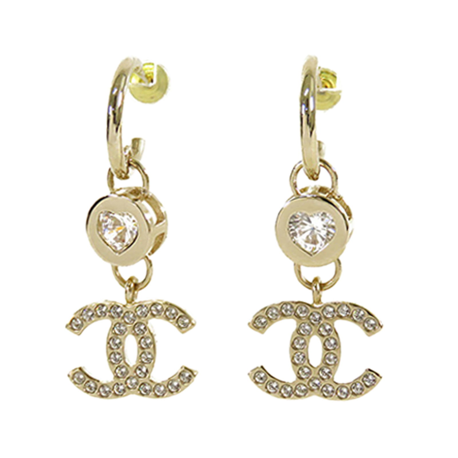 Chanel Crystal Embellished Gold Plated CC Drop Hoop Earrings (1 of 10)