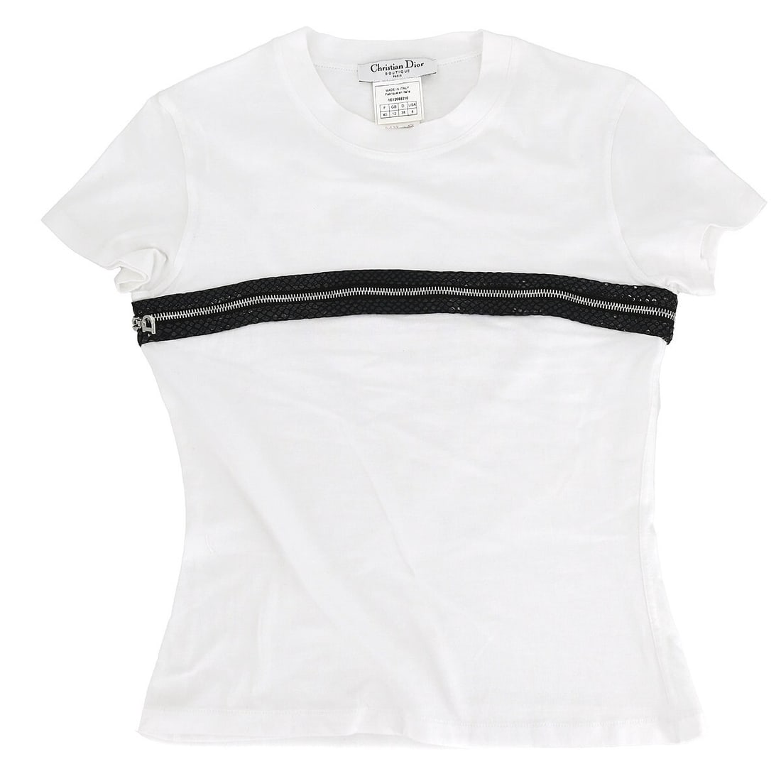Dior White Cotton Logo T-Shirt with Zipper Accent Size 40: Dior White Cotton Logo T-Shirt with Zipper Accent Size 40 This Christian Dior T-shirt features a classic round neck and short sleeves, crafted from 100% cotton for comfortable wear. The white and blac