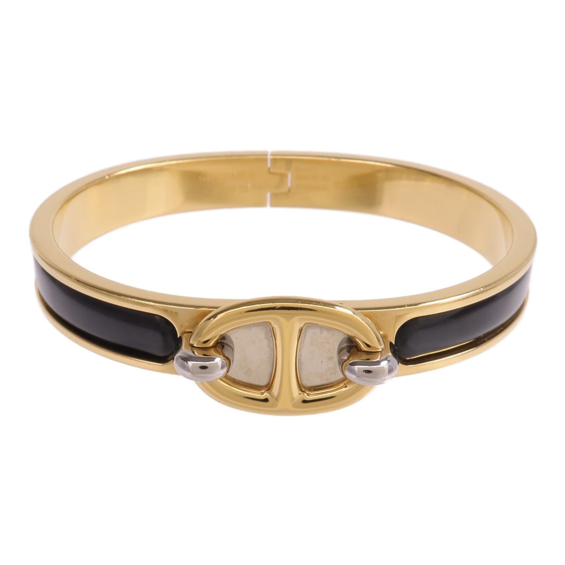Hermes Mini Clic Chaine D'Ancre Gold Tone Black Metal Bangle Bracelet: Hermes Mini Clic Chaine D'Ancre Gold Tone Black Metal Bangle Bracelet This HERMES Mini Clic Chaine D'Ancre bangle bracelet features a sleek gold and black design. Made in France, this bangle showcases