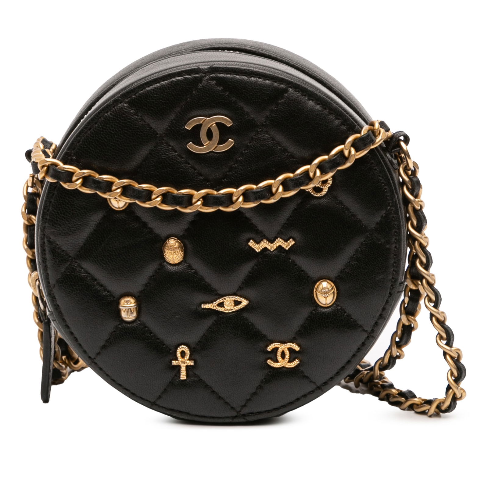 Chanel Black Quilted Lambskin Egyptian Amulet Round Clutch with Chain: Chanel Black Quilted Lambskin Egyptian Amulet Round Clutch with Chain This exquisite Chanel clutch showcases a luxurious quilted lambskin leather body adorned with Egyptian amulet charms. It features