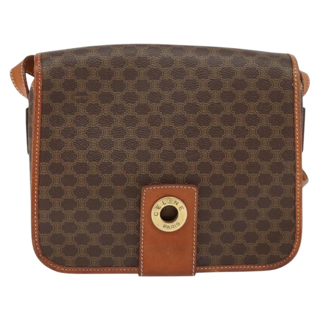 Vintage Macadam Canvas and Leather Shoulder Bag by Celine: Vintage Macadam Canvas and Leather Shoulder Bag by Celine This vintage Celine Macadam shoulder bag for women features brown canvas with leather accents. It measures 22cm x 15cm x 6cm and is made in It