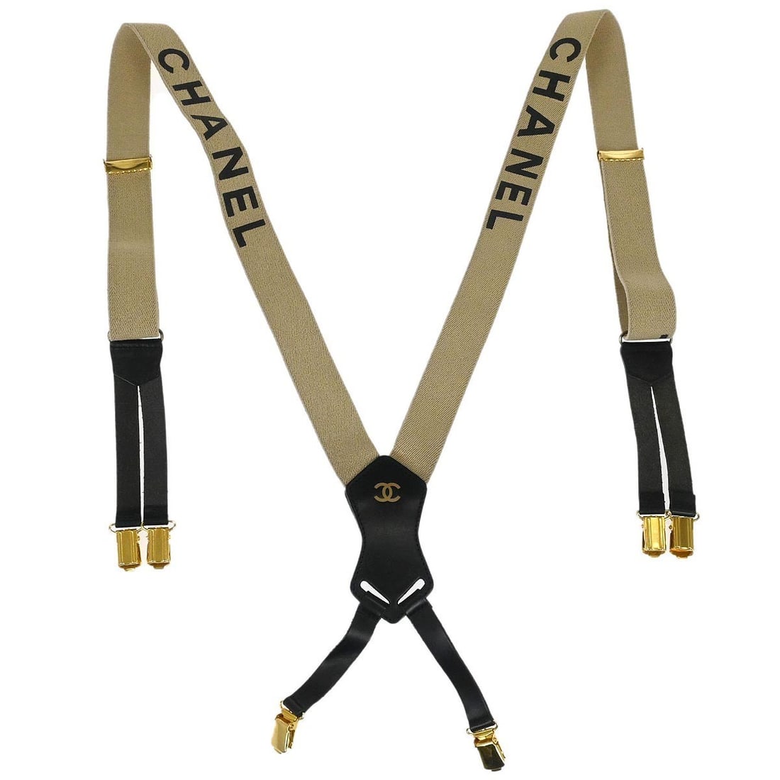 Beige Leather Suspenders by Chanel One Size France: Beige Leather Suspenders by Chanel One Size France Chanel beige suspenders crafted from leather, featuring metal accents. Made in France, these suspenders are designed in one size and offer a refined,
