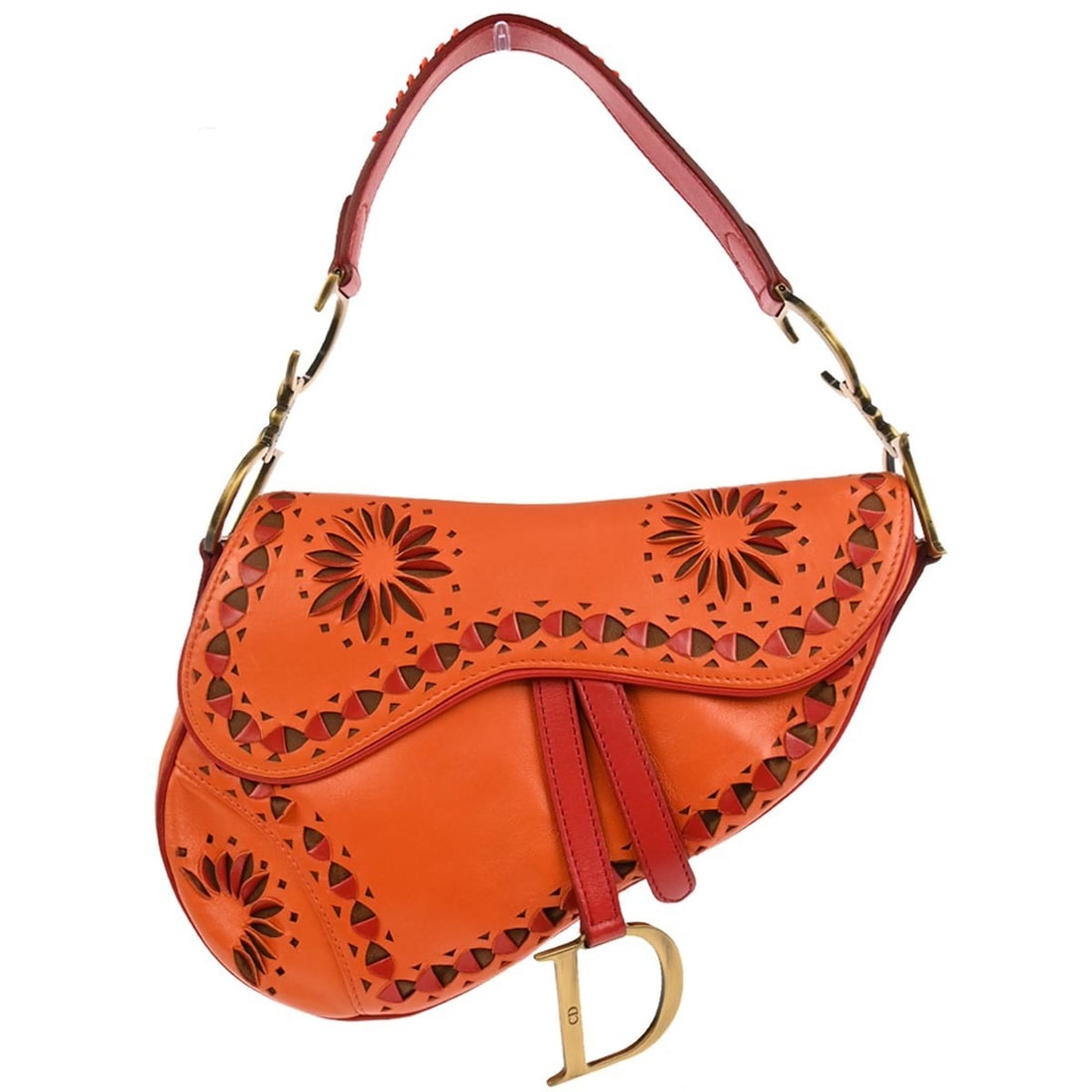 Dior Saddle Medium Leather Bag in Orange with 7 Inch Handle Drop: Dior Saddle Medium Leather Bag in Orange with 7 Inch Handle Drop This Christian Dior Saddle handbag features a vibrant orange leather exterior and a medium-sized silhouette. Crafted in Italy, it is de