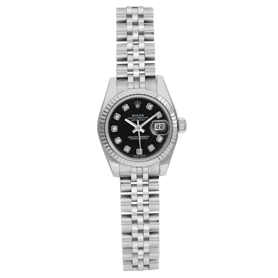 Rolex Datejust 18K White Gold Steel Ladies Watch Black Diamond Dial 179174: Rolex Datejust 18K White Gold Steel Ladies Watch Black Diamond Dial 179174 This exquisite Rolex Datejust wristwatch combines luxurious 18K white gold and stainless steel, featuring a striking black su