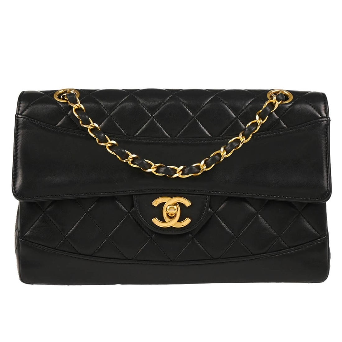 Chanel Black Lambskin Matelasse Shoulder Bag with Flap Closure: Chanel Black Lambskin Matelasse Shoulder Bag with Flap Closure This Chanel Black Lambskin Shoulder Bag is a stylish accessory designed with a classic Matelasse pattern. The bag features a flap turnloc