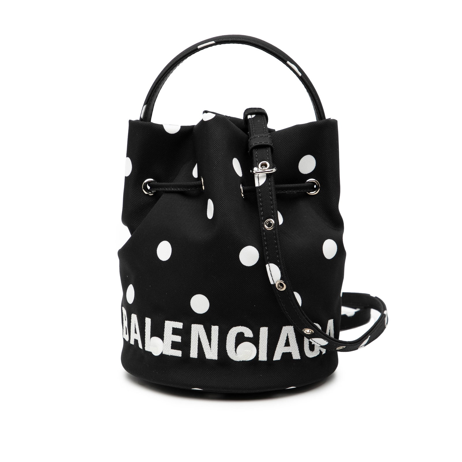 Balenciaga Wheel XS Black Nylon Bucket Bag with Dots Embroidery: Balenciaga Wheel XS Black Nylon Bucket Bag with Dots Embroidery This Balenciaga Nylon Dots Wheel XS Bucket Bag features a black nylon body with an embroidered logo, a flat nylon handle, and a detachab