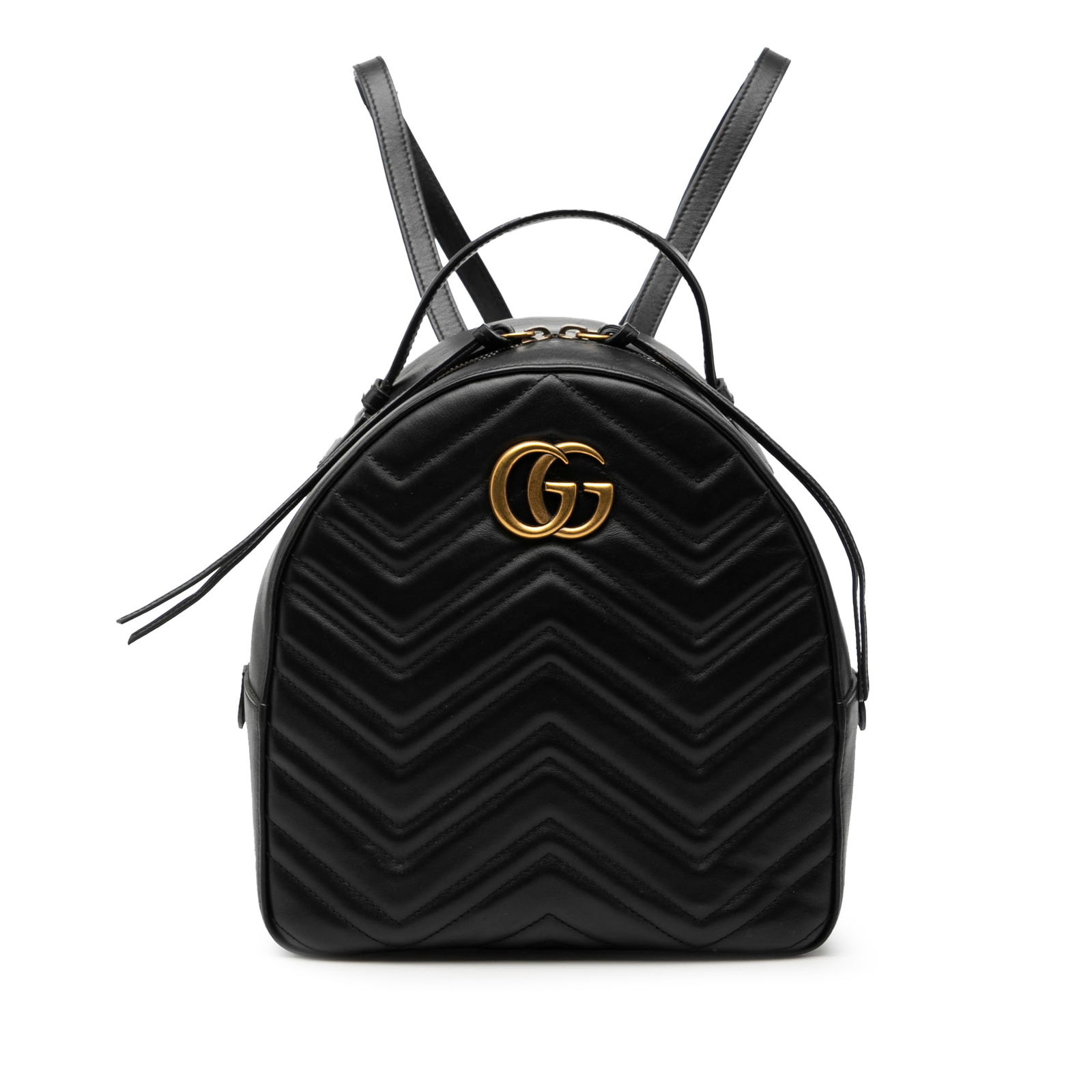 Black Leather Small GG Marmont Backpack by Gucci with Quilted Design: Black Leather Small GG Marmont Backpack by Gucci with Quilted Design This Gucci Small GG Marmont Matelasse Leather Backpack features a quilted leather body in black, a flat top handle, adjustable flat