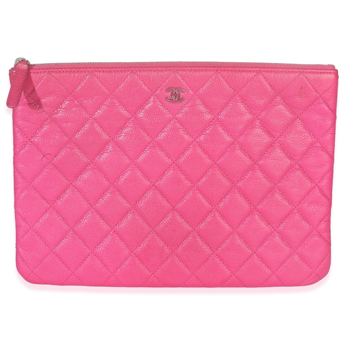 Pink Lambskin Medium Casino Beauty CC Cosmetic Pouch with Box and Card: Pink Lambskin Medium Casino Beauty CC Cosmetic Pouch with Box and Card This Chanel Medium Casino Beauty CC Cosmetic Case features a pink quilted lambskin leather exterior and silver-tone hardware. The