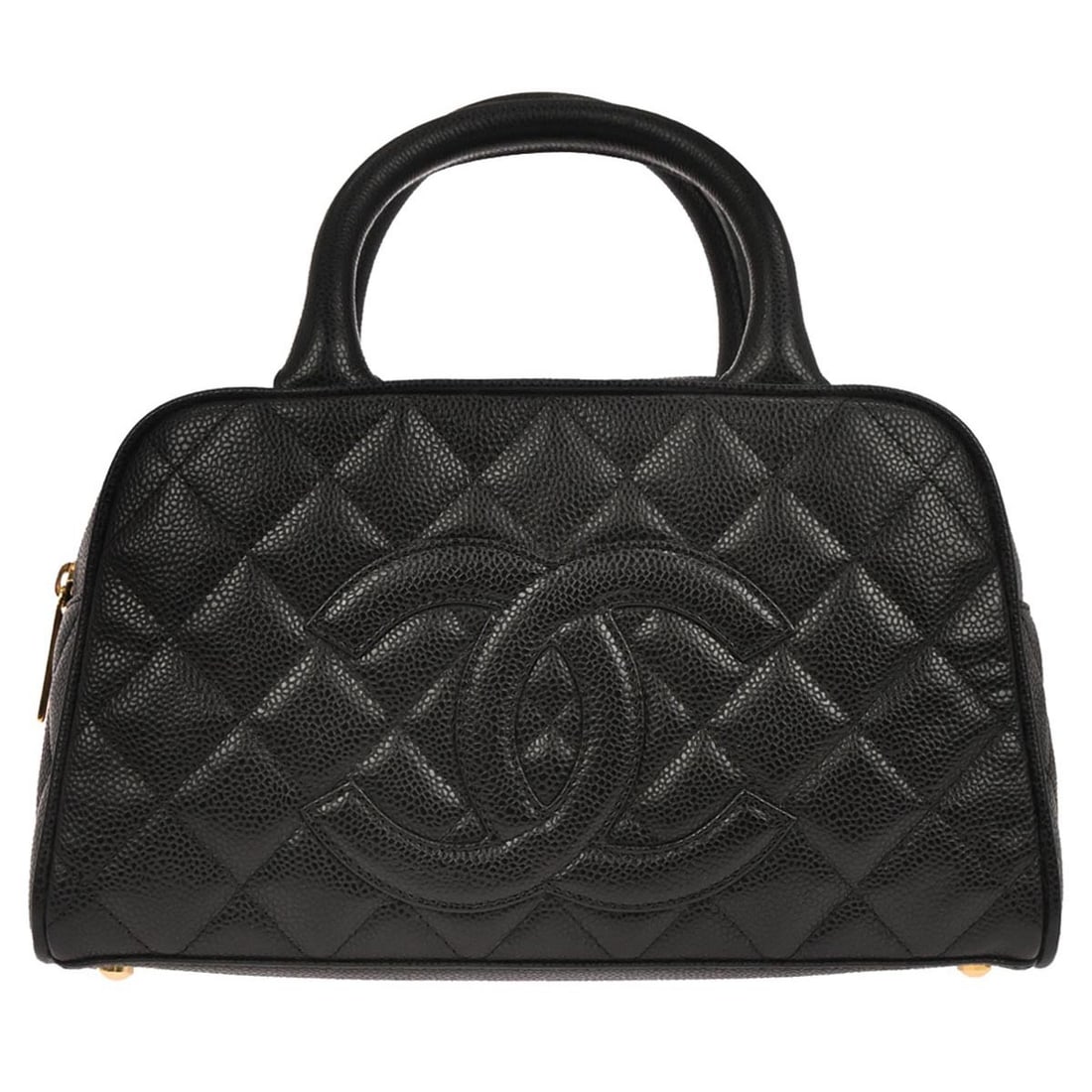 Black Caviar Leather Top Handle Bowling Bag Small by Chanel: Black Caviar Leather Top Handle Bowling Bag Small by Chanel This CHANEL top handle bowling bag is crafted from black caviar skin leather with double handles and a zipper closure. It features the signa