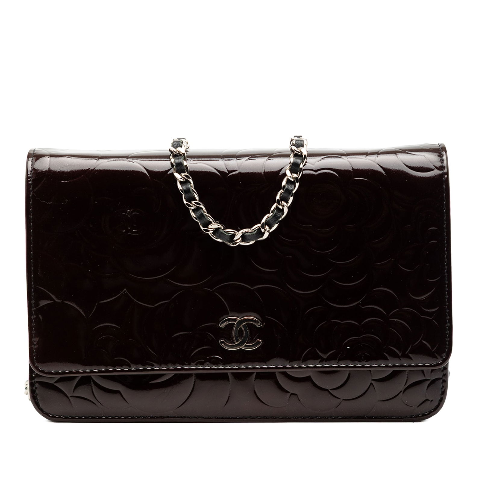 Chanel Camellia Patent Leather Wallet on Chain with CC Embossing: Chanel Camellia Patent Leather Wallet on Chain with CC Embossing This Chanel CC Embossed Patent Camellia Wallet On Chain features a quilted brown patent leather body with an embossed camellia motif, a