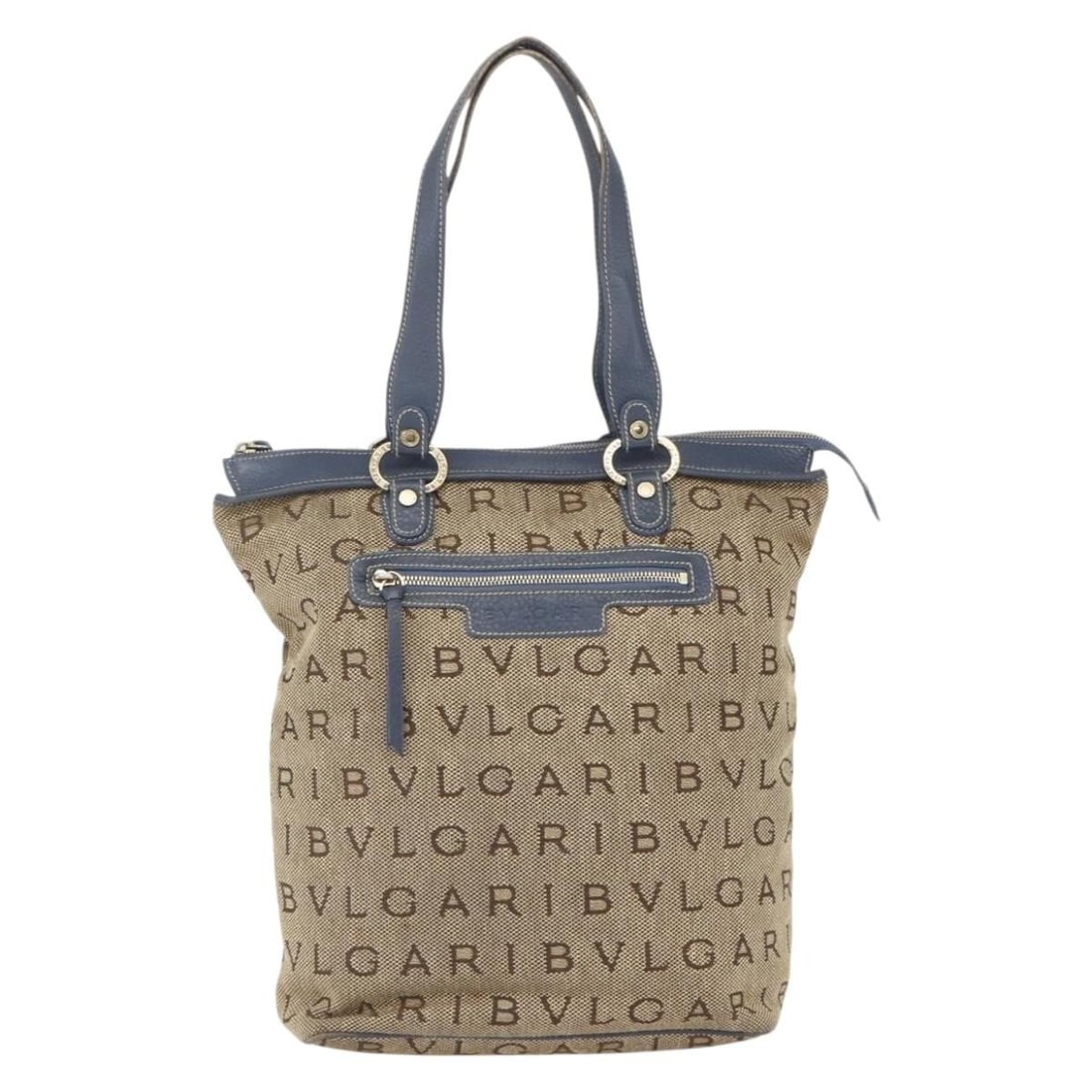 Logomania Beige Canvas Tote by Bvlgari Italy 28cm: Logomania Beige Canvas Tote by Bvlgari Italy 28cm This Bvlgari Logomania Tote bag is crafted from beige canvas and designed for female use. It features leather accents and metal fittings. Signs of wea
