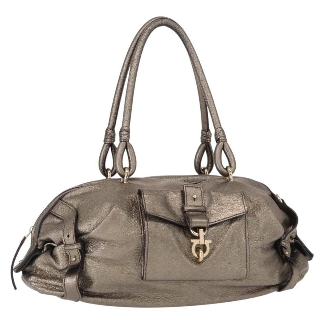 Salvatore Ferragamo Gancini Gold Leather Shoulder Bag BA8916: Salvatore Ferragamo Gancini Gold Leather Shoulder Bag BA8916 This Salvatore Ferragamo Gancini Shoulder Bag exudes elegance with its luxurious gold leather exterior. Crafted in Italy, this stylish shou