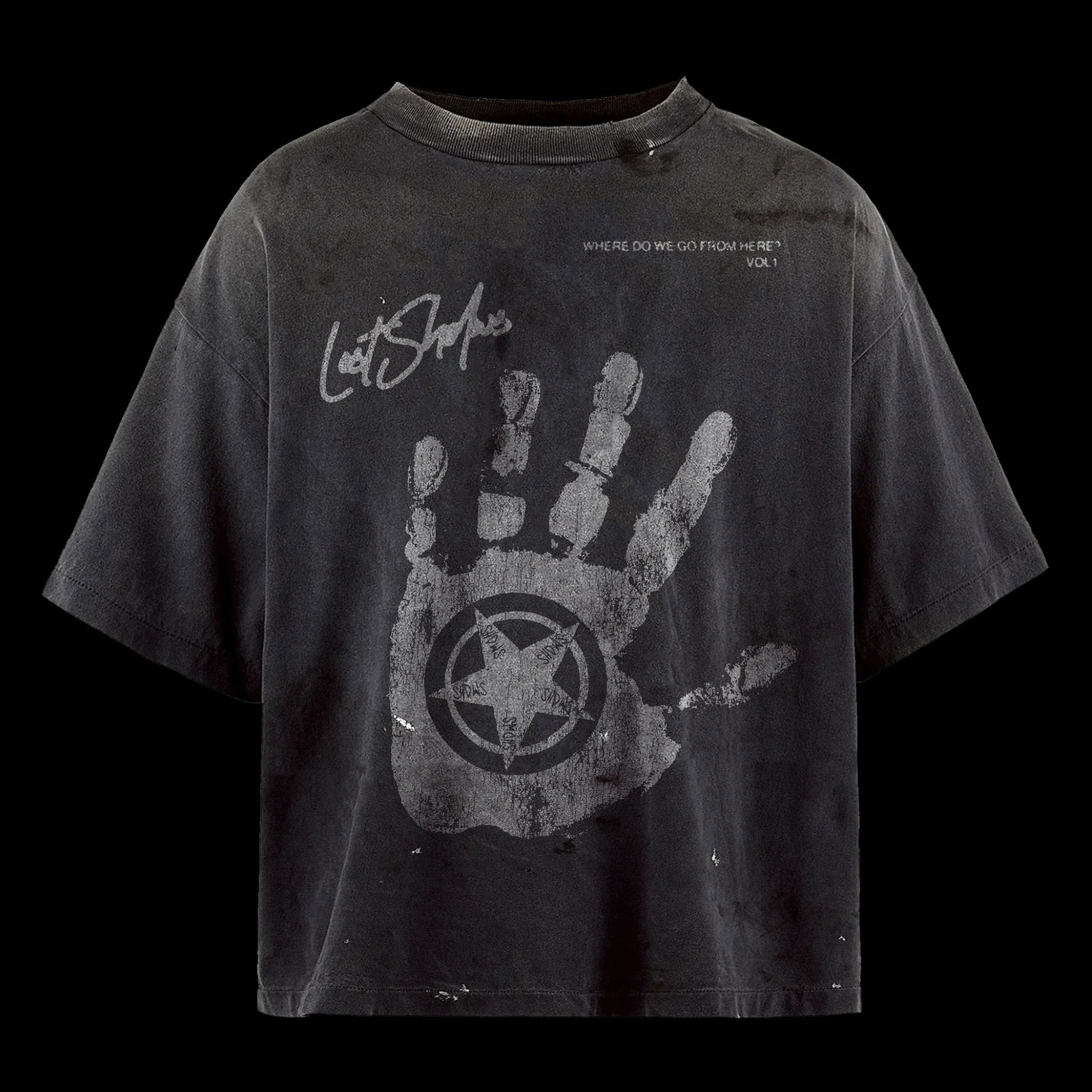 Washed Black Cotton T Shirt with Distressed Handprint and Star Graphic: Washed Black Cotton T Shirt with Distressed Handprint and Star Graphic This washed black tee features a distressed handprint graphic combined with a star emblem on the front, and cryptic text details