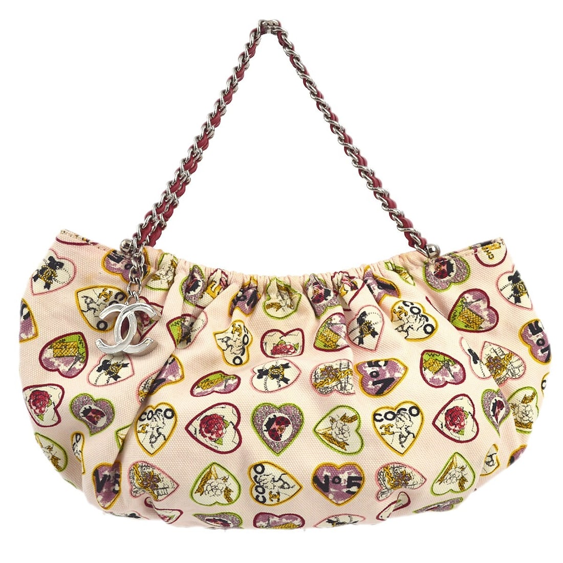 Chanel Valentine Pink Canvas Top Handle Chain Handbag: Chanel Valentine Pink Canvas Top Handle Chain Handbag This stylish Chanel Pink Canvas Valentine Chain Handbag is a perfect accessory for casual occasions. Featuring a chic top handle design, this smal