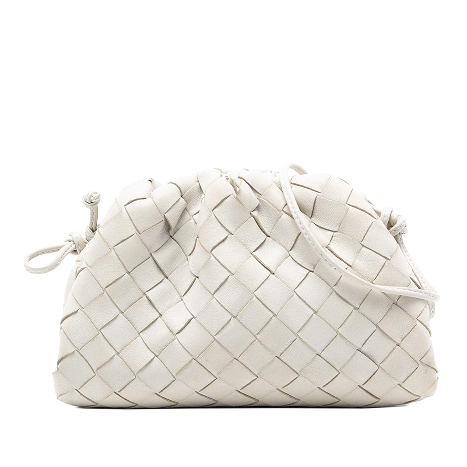 White Bottega Veneta Mini Pouch Crossbody in Nappa Intrecciato Leather: White Bottega Veneta Mini Pouch Crossbody in Nappa Intrecciato Leather This Bottega Veneta Nappa Intrecciato The Mini Pouch Crossbody features a woven leather body, a flat leather strap, and a top mag