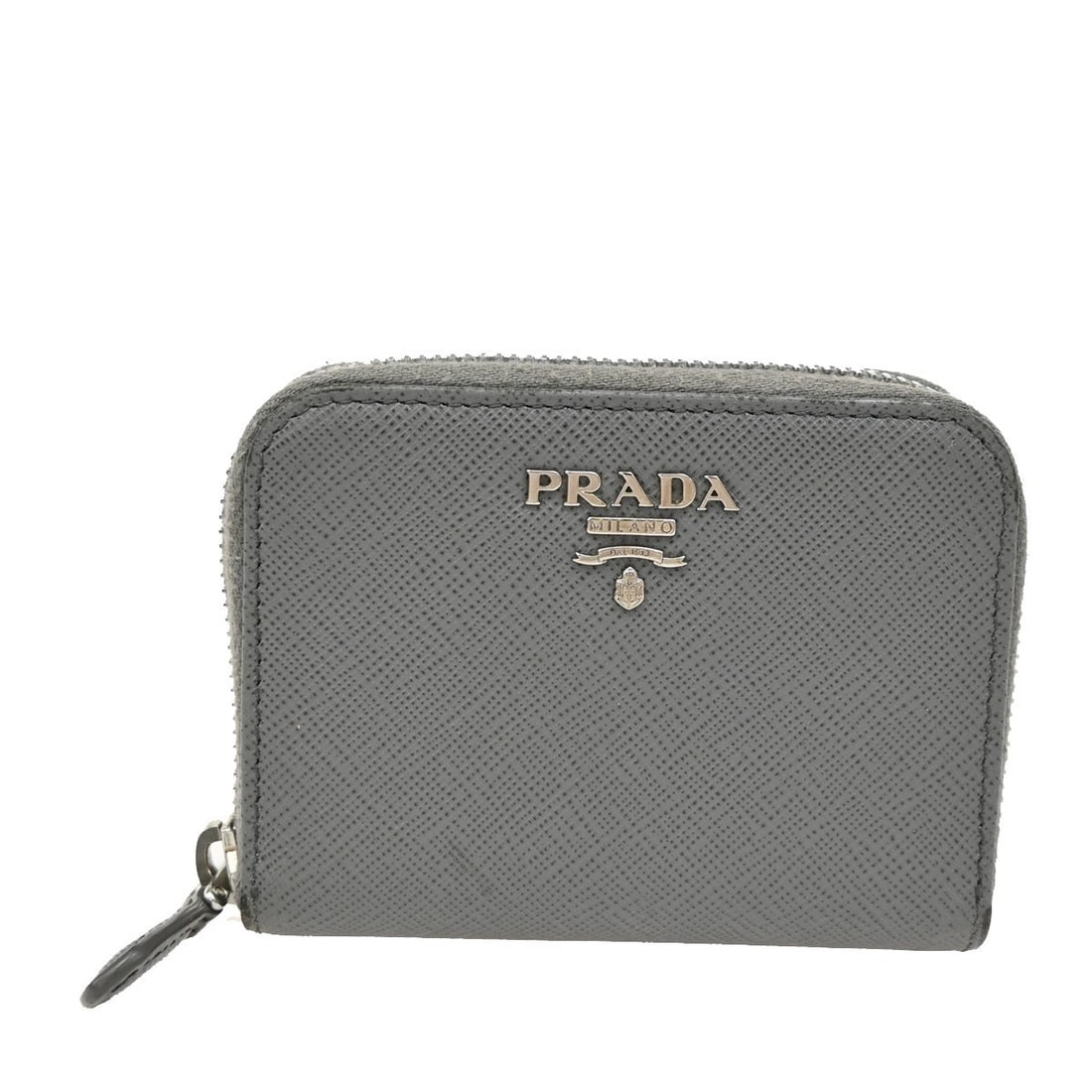 Gray Saffiano Leather Prada Zip Coin Purse for Women: Gray Saffiano Leather Prada Zip Coin Purse for Women This Prada Zip Around Coin Purse is crafted from gray Saffiano leather and designed for women. It features a zip-around closure for secure storage.