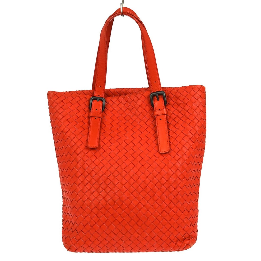 Red Intrecciato Lambskin Tote with Double Handles by Bottega Veneta: Red Intrecciato Lambskin Tote with Double Handles by Bottega Veneta This Bottega Veneta Intrecciato tote bag is crafted from red lambskin leather and features a medium size with double leather handles