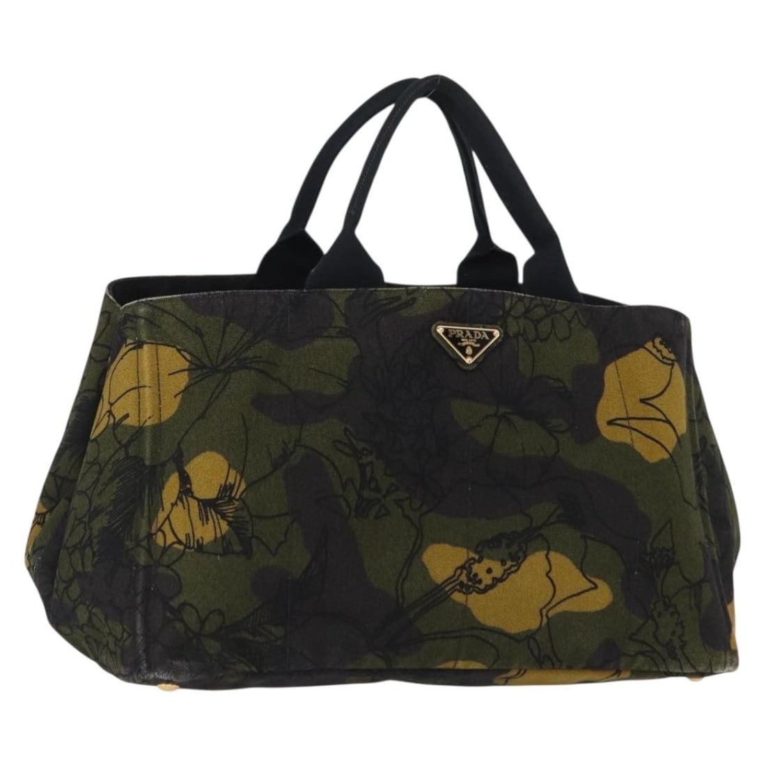 Khaki Gold Canvas Canapa GM Tote by Prada: Khaki Gold Canvas Canapa GM Tote by Prada This PRADA Canapa GM tote bag features a durable canvas exterior in a khaki and gold camouflage design. The spacious interior and sturdy handles make it a pra
