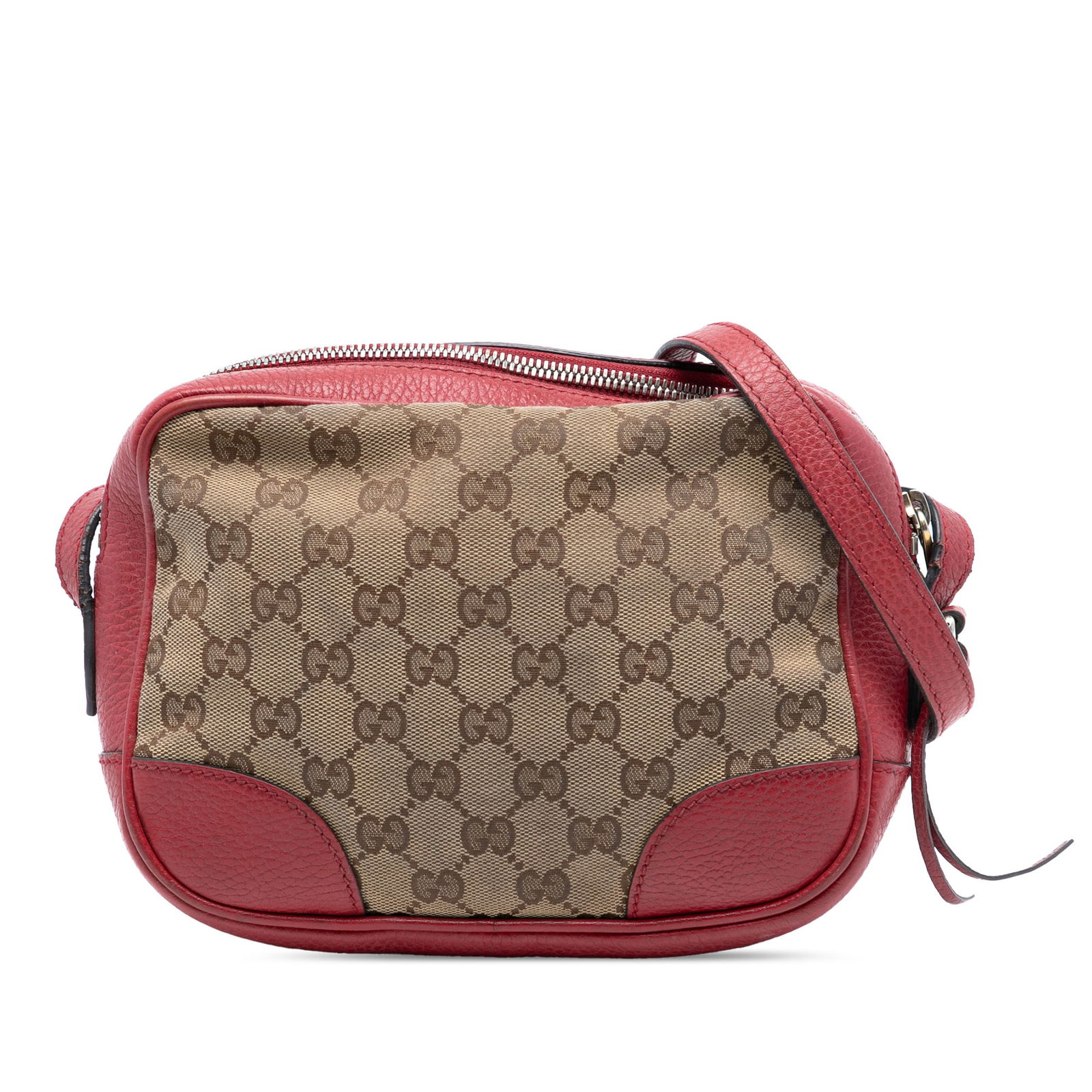 Brown GG Canvas Bree Crossbody Bag by Gucci with Leather Trim: Brown GG Canvas Bree Crossbody Bag by Gucci with Leather Trim The Gucci GG Canvas Bree Crossbody bag features a brown canvas body with leather trim, a flat leather strap, a top zip closure, and interi
