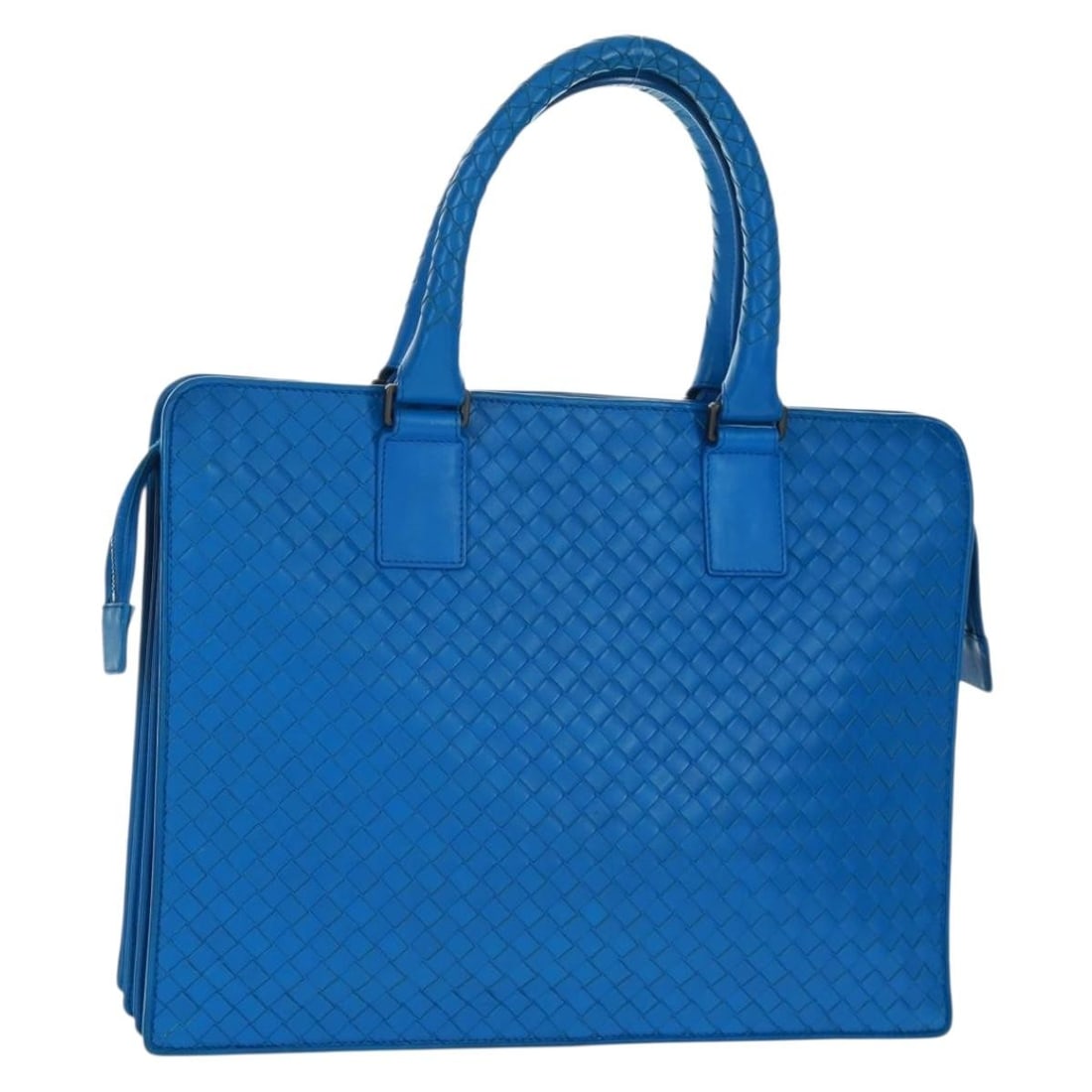 Blue Intrecciato Leather Business Bag by Bottega Veneta with Dust Bag: Blue Intrecciato Leather Business Bag by Bottega Veneta with Dust Bag This Bottega Veneta Intrecciato business bag is crafted from blue leather and showcases the brand's signature woven design. Made i