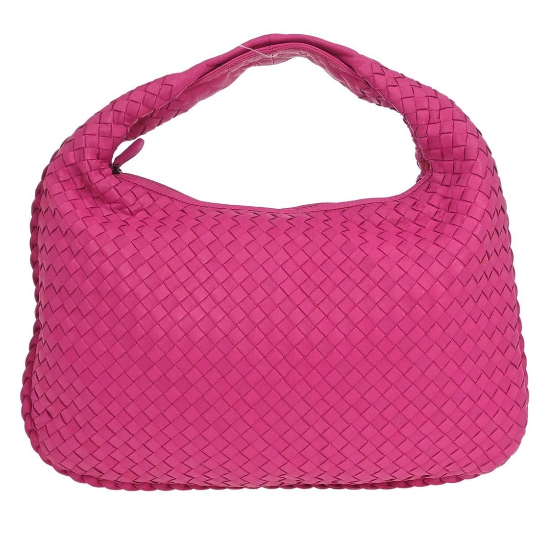 Pink Intrecciato Lambskin Hobo Bag by Bottega Veneta with Top Handle: Pink Intrecciato Lambskin Hobo Bag by Bottega Veneta with Top Handle This Bottega Veneta Intrecciato hobo handbag features a signature woven leather design in pink lambskin. It has a large size with a