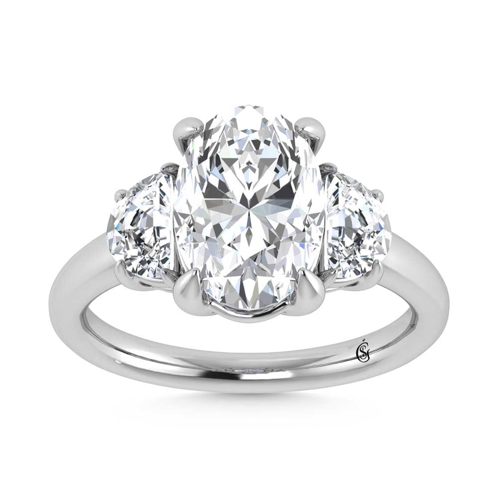 14K White Gold Lab Grown Diamond 3 3/2 Ct.Tw. Oval Shape Three Stone Engagement Ring: 14K White Gold Lab Grown Diamond 3 3/2 Ct.Tw. Oval Shape Three Stone Engagement Ring This stunning three-stone ring features a sparkling 3 CT Oval Center diamond with two shimmering side diamonds, sym