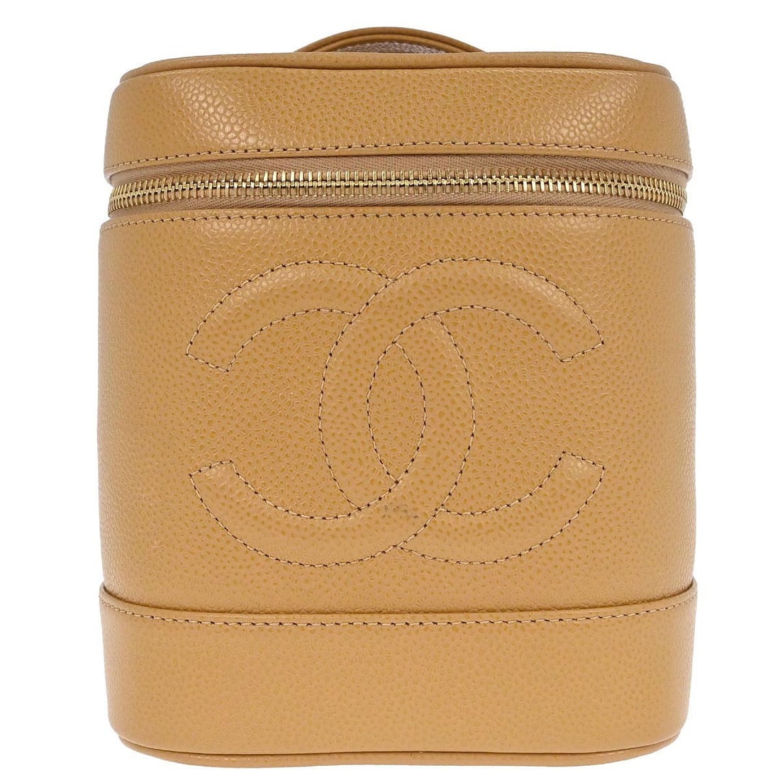 Beige Leather Timeless Vanity Bag by Chanel with Top Handle: Beige Leather Timeless Vanity Bag by Chanel with Top Handle This Chanel Timeless Vanity handbag is crafted from beige calfskin leather and features a classic top handle design. The bag comes in a medi