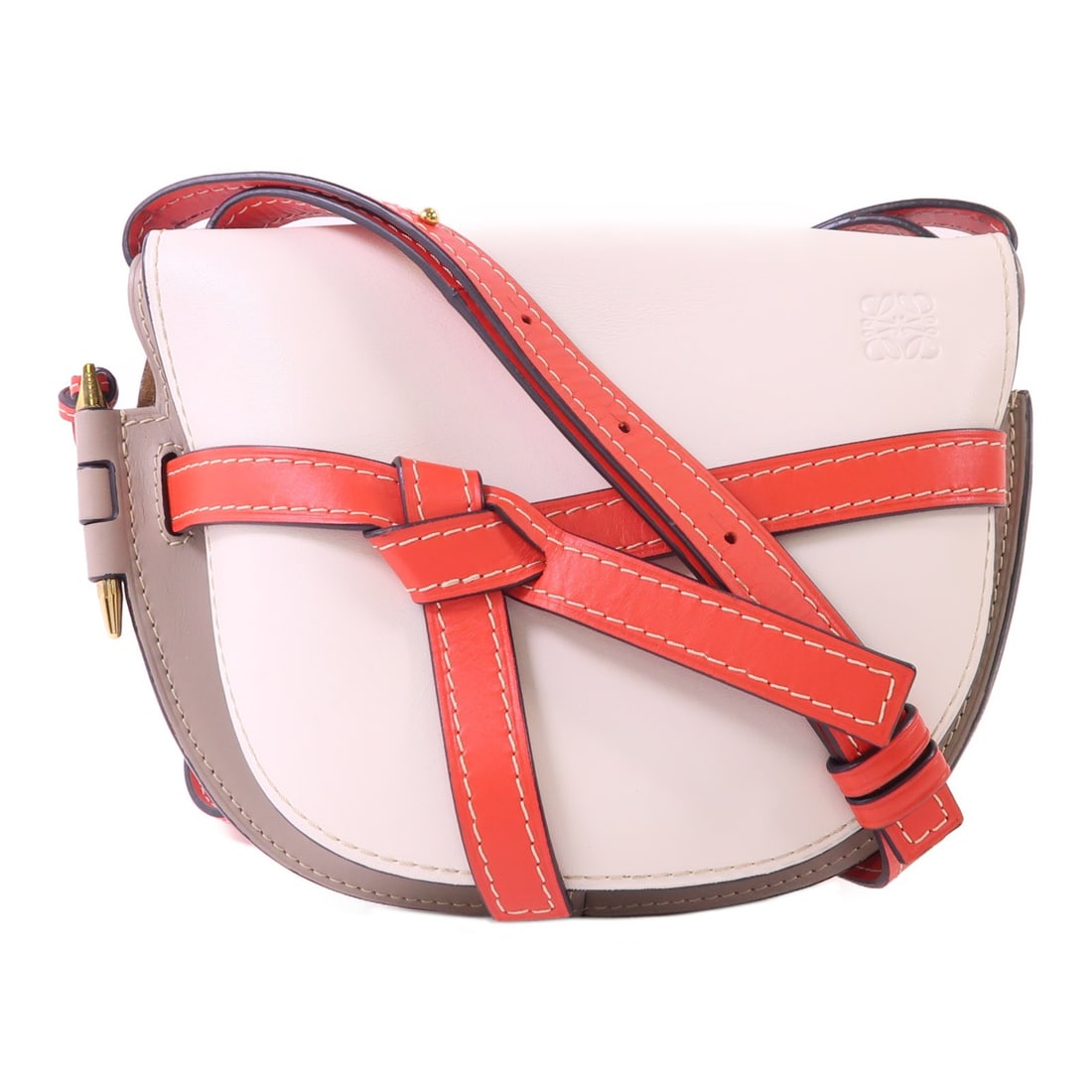 LOEWE Gate Small Shoulder Bag Calfskin Leather White Gray Red: LOEWE Gate Small Shoulder Bag Calfskin Leather White Gray Red This LOEWE Gate Small Shoulder Bag is crafted from premium calfskin leather, featuring a stylish combination of white, gray, and red accen