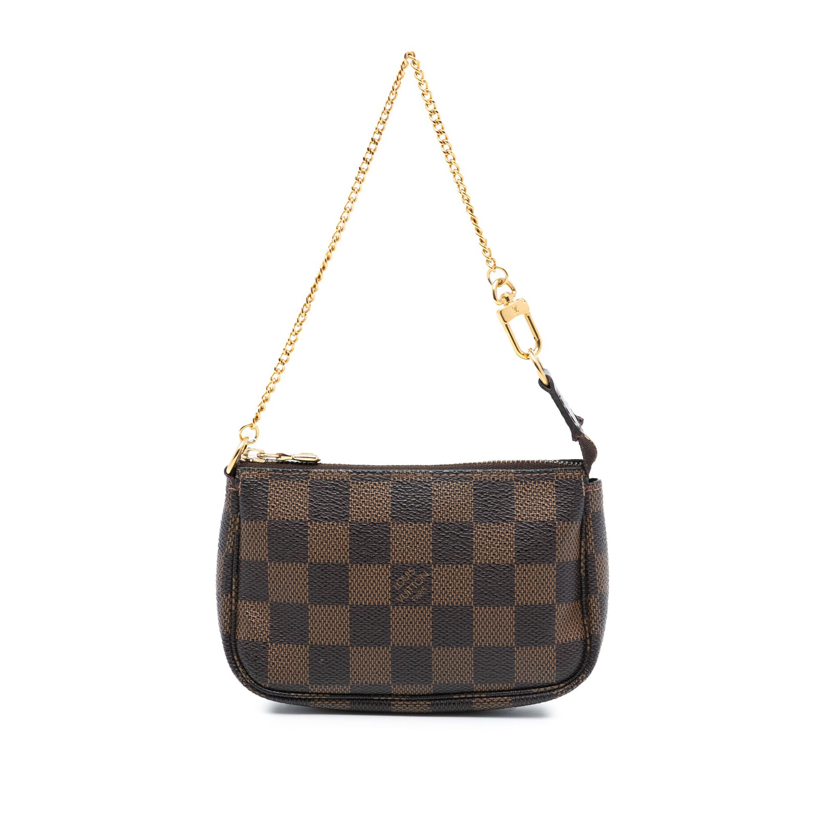 Mini Pochette Accessoires Brown Canvas Bag with Chain Strap by Louis Vuitton: Mini Pochette Accessoires Brown Canvas Bag with Chain Strap by Louis Vuitton This Louis Vuitton Mini Pochette Accessoires showcases the signature Damier Ebene canvas in brown, complemented by a gold-t