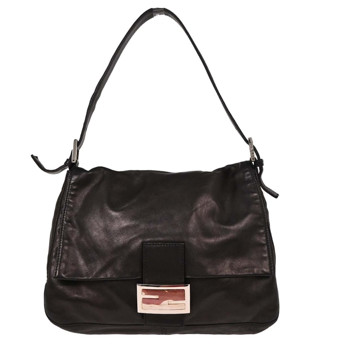 Fendi Black Lambskin Baguette Mamma Handbag with Silver Hardware: Fendi Black Lambskin Baguette Mamma Handbag with Silver Hardware This stylish Fendi Black Lambskin Baguette Mamma Handbag is perfect for casual occasions. With a medium size, it features a magnet clos