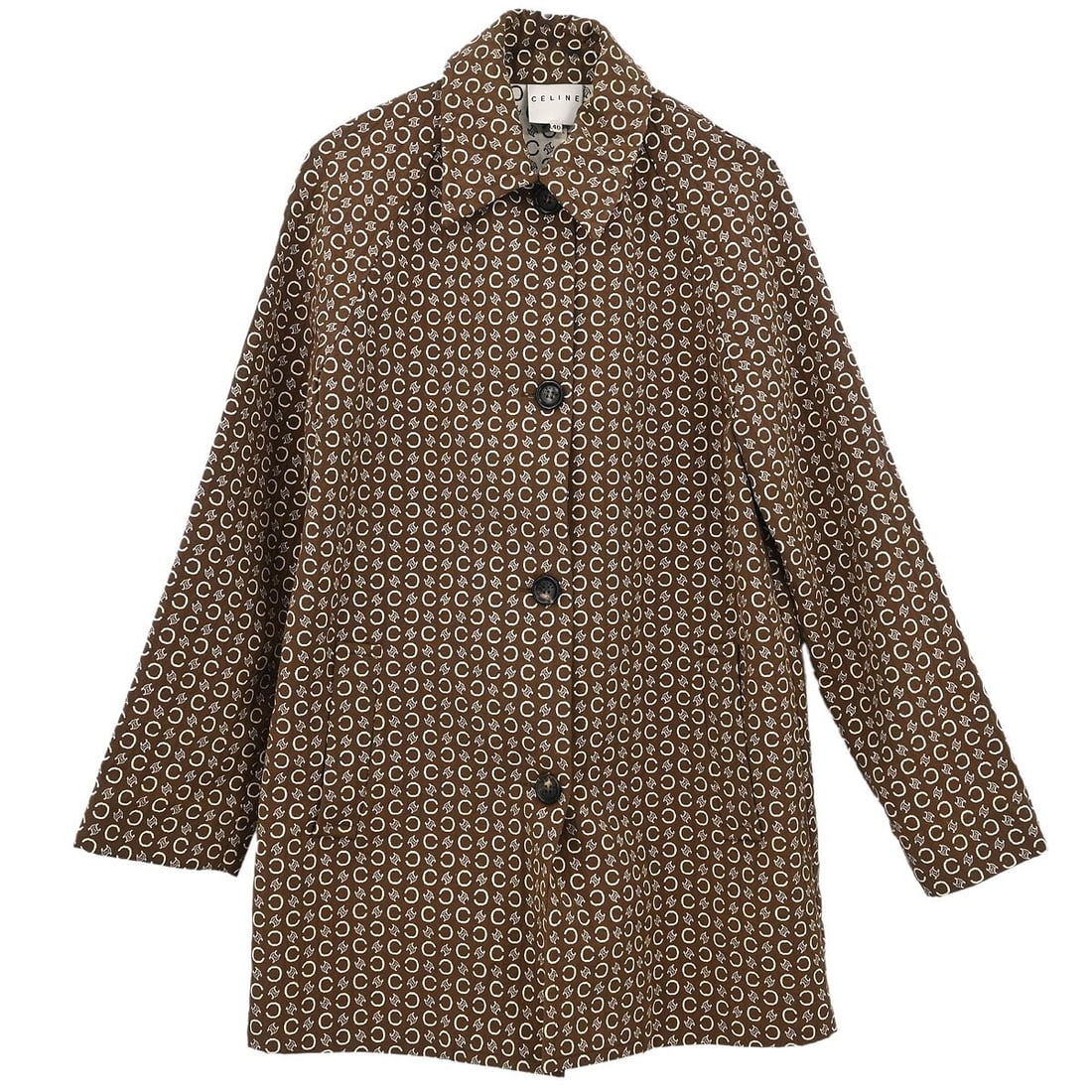 Vintage Celine Macadam Brown Long Coat Size 40: Vintage Celine Macadam Brown Long Coat Size 40 This vintage Celine Macadam coat features a long jacket design that elegantly combines casual and formal styles. Crafted from a durable outer shell consi