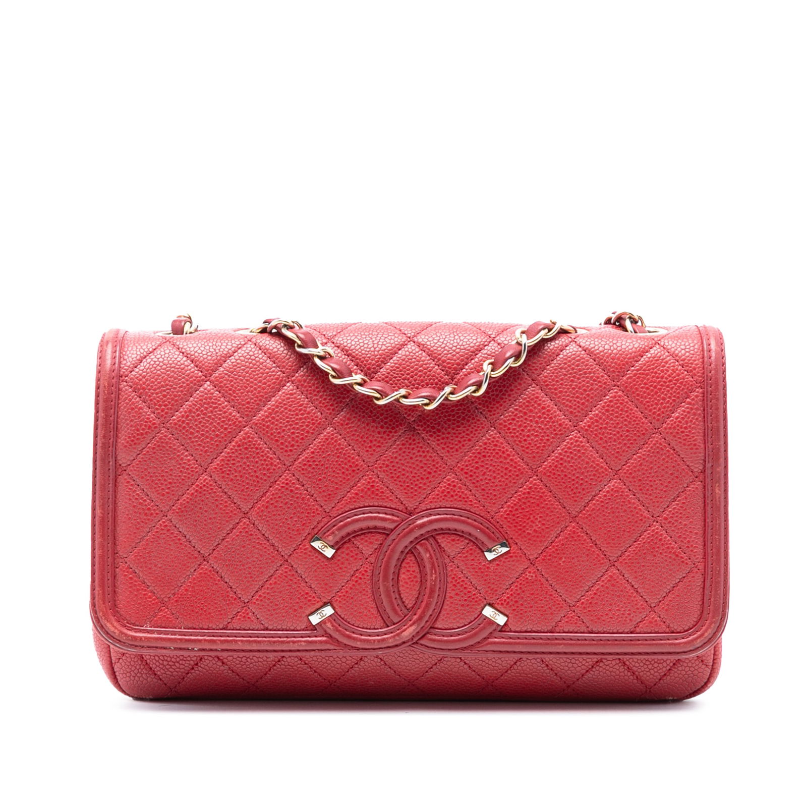 Chanel CC Filigree Medium Red Quilted Caviar Leather Flap Shoulder Bag: Chanel CC Filigree Medium Red Quilted Caviar Leather Flap Shoulder Bag This Chanel Medium Quilted Caviar CC Filigree Flap features a quilted caviar leather body in red, a leather-woven chain shoulder