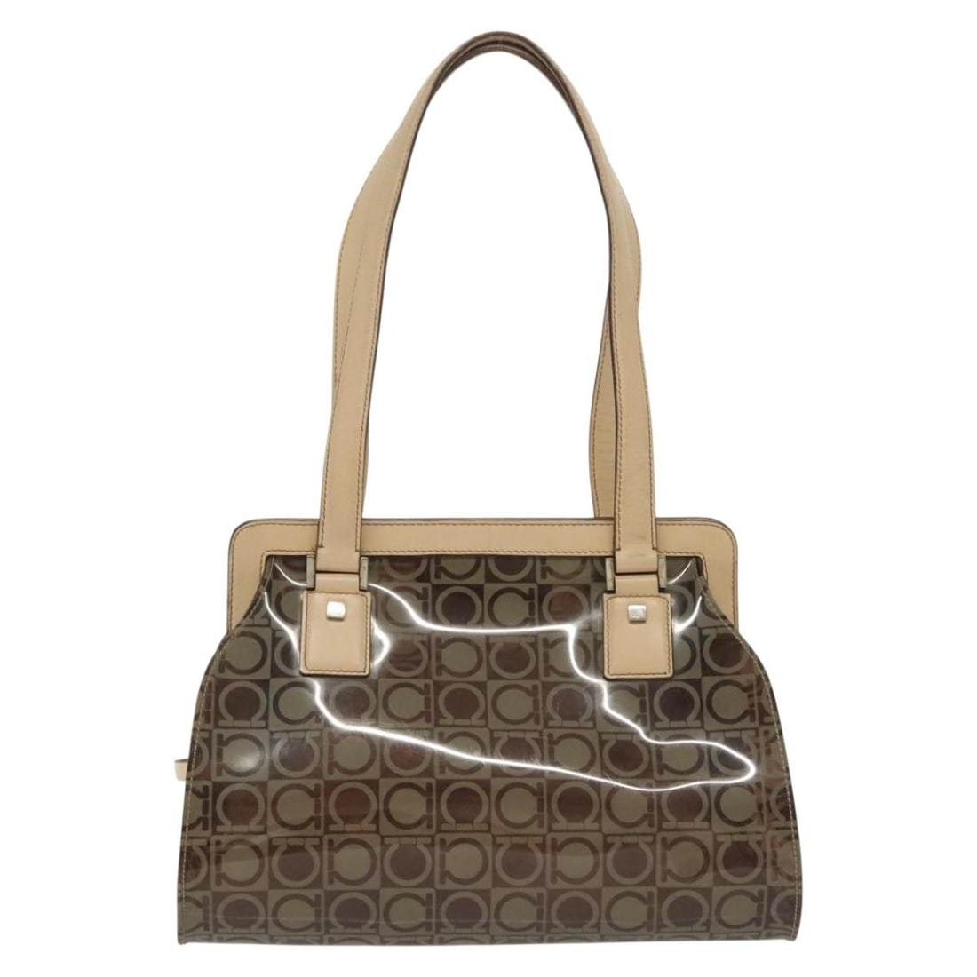 Brown Vinyl Tote Bag Salvatore Ferragamo Gancini 28cm by 18cm by 14cm: Brown Vinyl Tote Bag Salvatore Ferragamo Gancini 28cm by 18cm by 14cm This Salvatore Ferragamo Gancini Tote for women features a brown vinyl exterior with leather accents. The tote measures 28cm x 18c