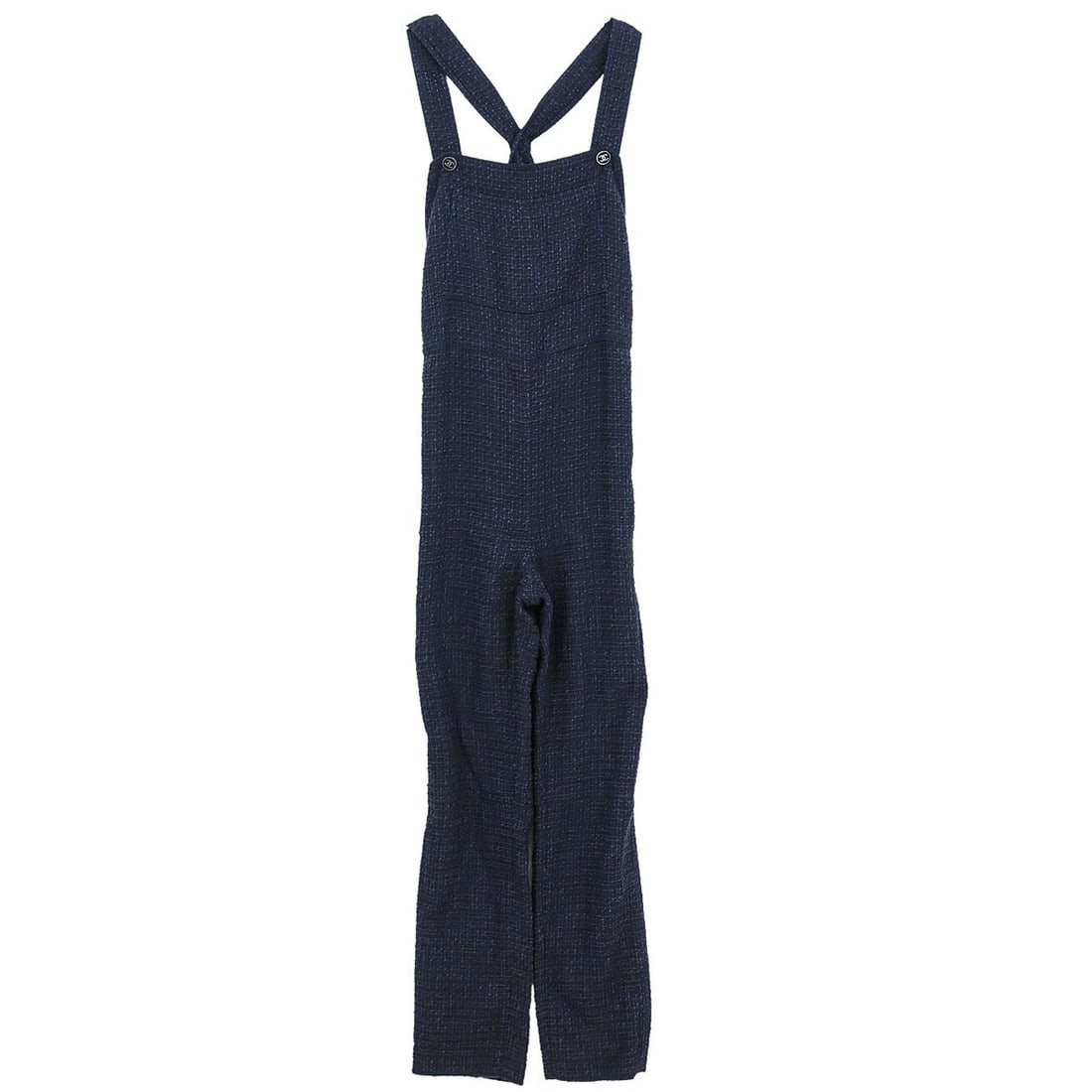 Navy Tweed Sleeveless Jumpsuit Pant Suit by Chanel Size 38: Navy Tweed Sleeveless Jumpsuit Pant Suit by Chanel Size 38 This Chanel sleeveless jumpsuit features a classic navy tweed design. Crafted from a blend of wool, cotton, rayon, and nylon, it offers a reg