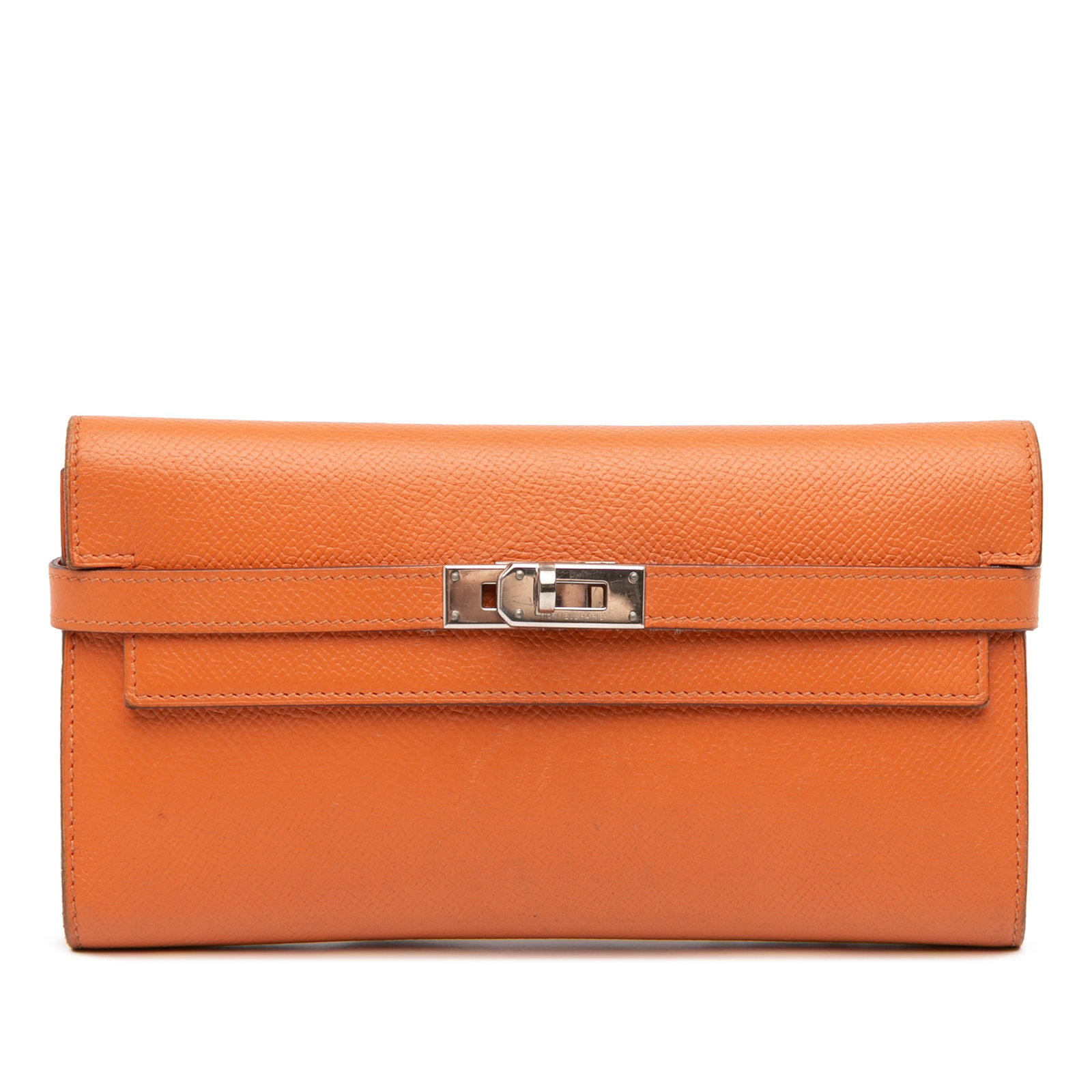 Hermes Epsom Kelly Longue Wallet in Orange Leather: Hermes Epsom Kelly Longue Wallet in Orange Leather The Hermes Epsom Kelly Longue Wallet is a sophisticated accessory crafted from luxurious Epsom leather in a vibrant orange hue. This wallet features
