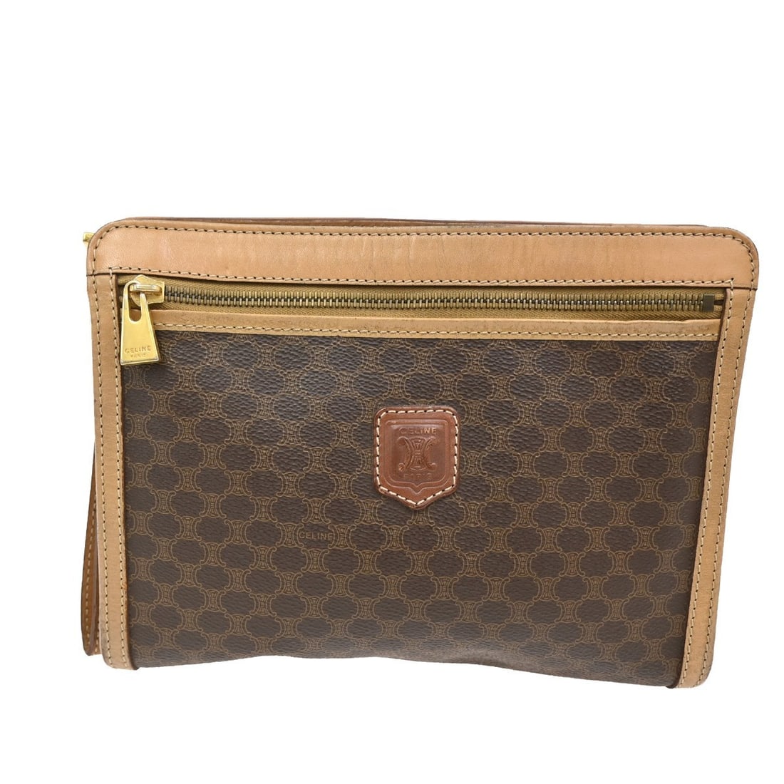 Celine Macadam Brown Canvas and Leather Clutch Bag: Celine Macadam Brown Canvas and Leather Clutch Bag This Celine Macadam Pochette is a pre-owned clutch bag crafted from brown canvas with leather accents. Designed for women, it features the classic Ma